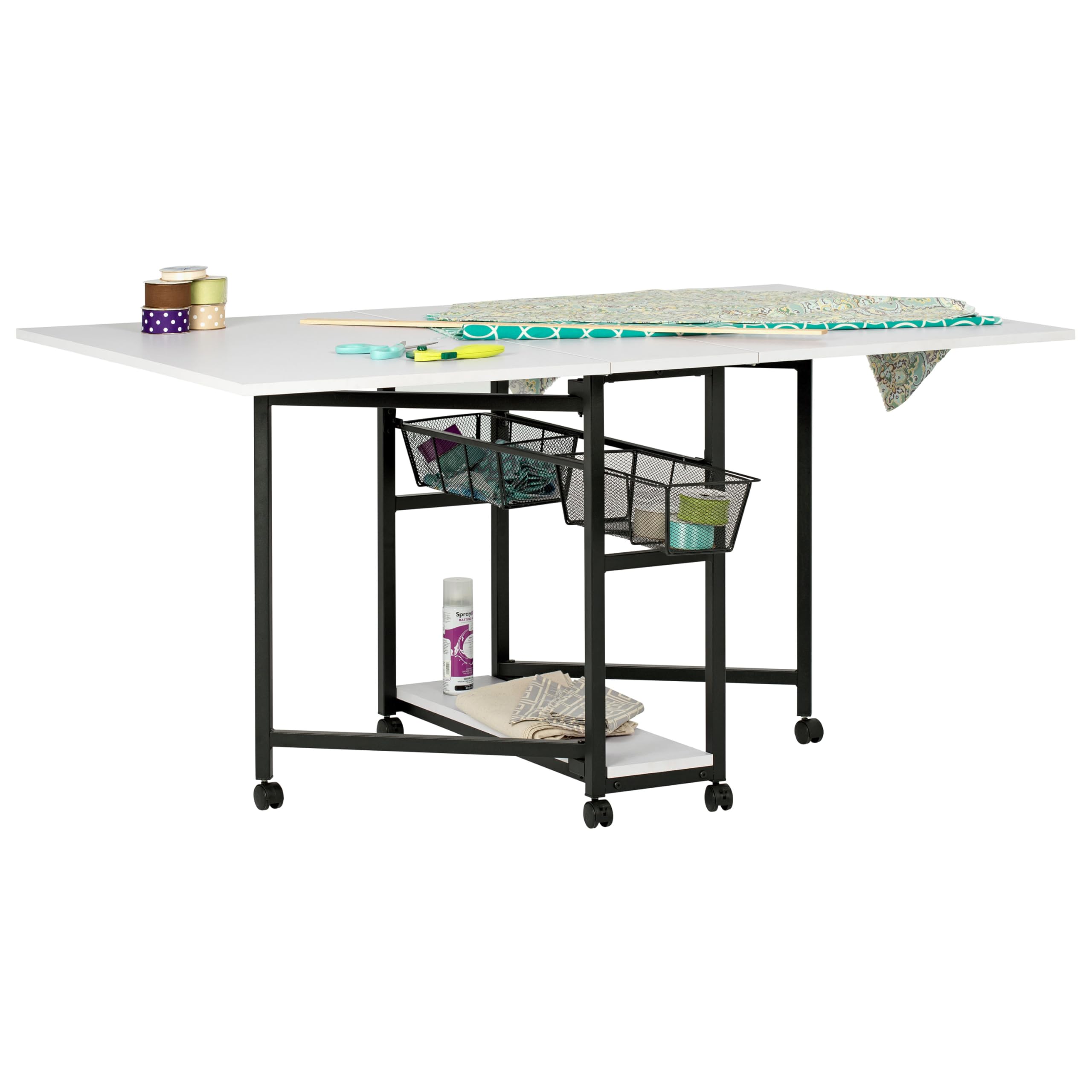 Sew Ready Mobile Fabric Cutting Table with Storage Drawers and Fixed Height, Charcoal/White, 30" High