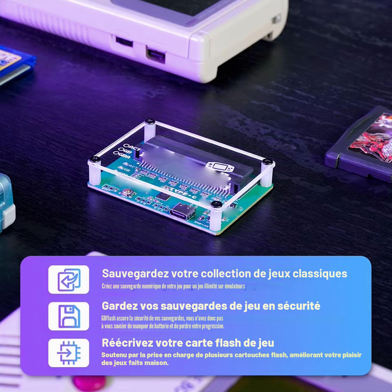 Denash Lecteur de Cartes de Jeu, Graveur Gameboy GB ROM, Outil de Sauvegarde avec Câble USB C pour Cartouches Gameboy Color Advance