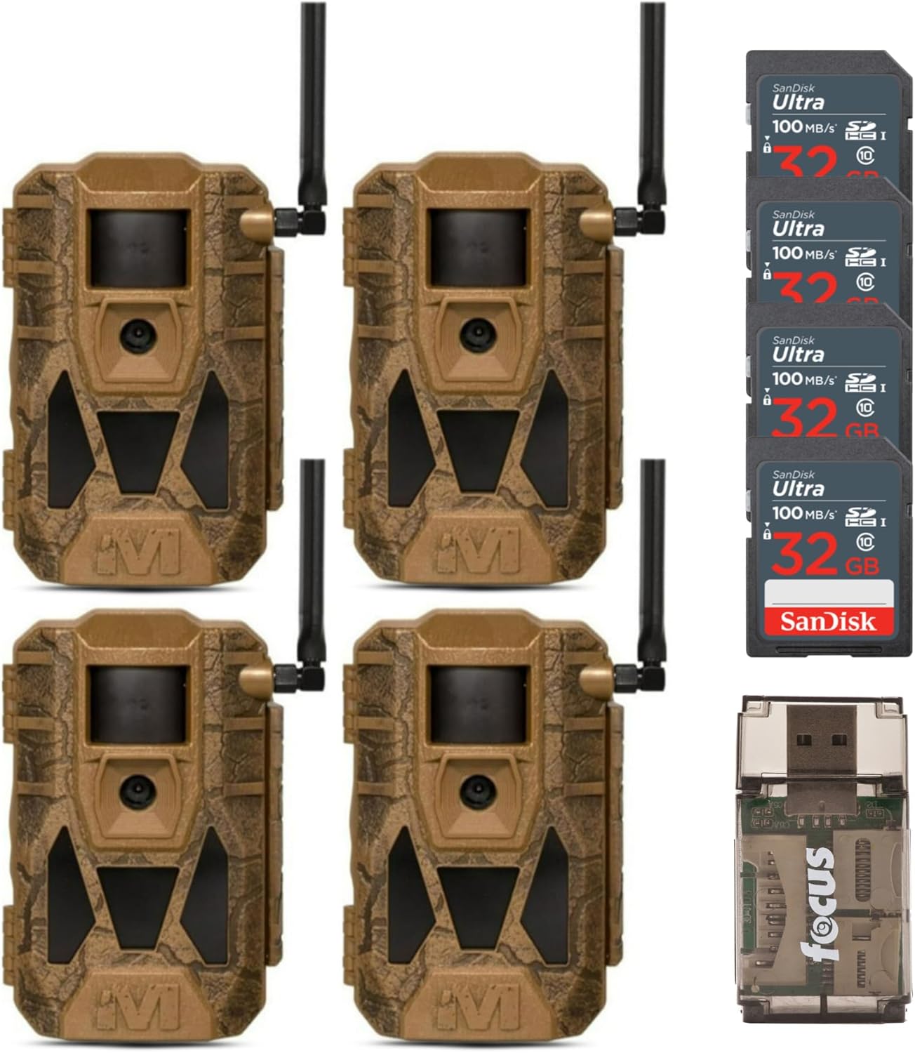 MUDDY Matrix 2.0 Dual Network Cellular Camera (Brown, 4-Pack) Bundle with 4 x 32GB Ultra SDHC Memory Card and High-Speed Card Reader (9 Items)