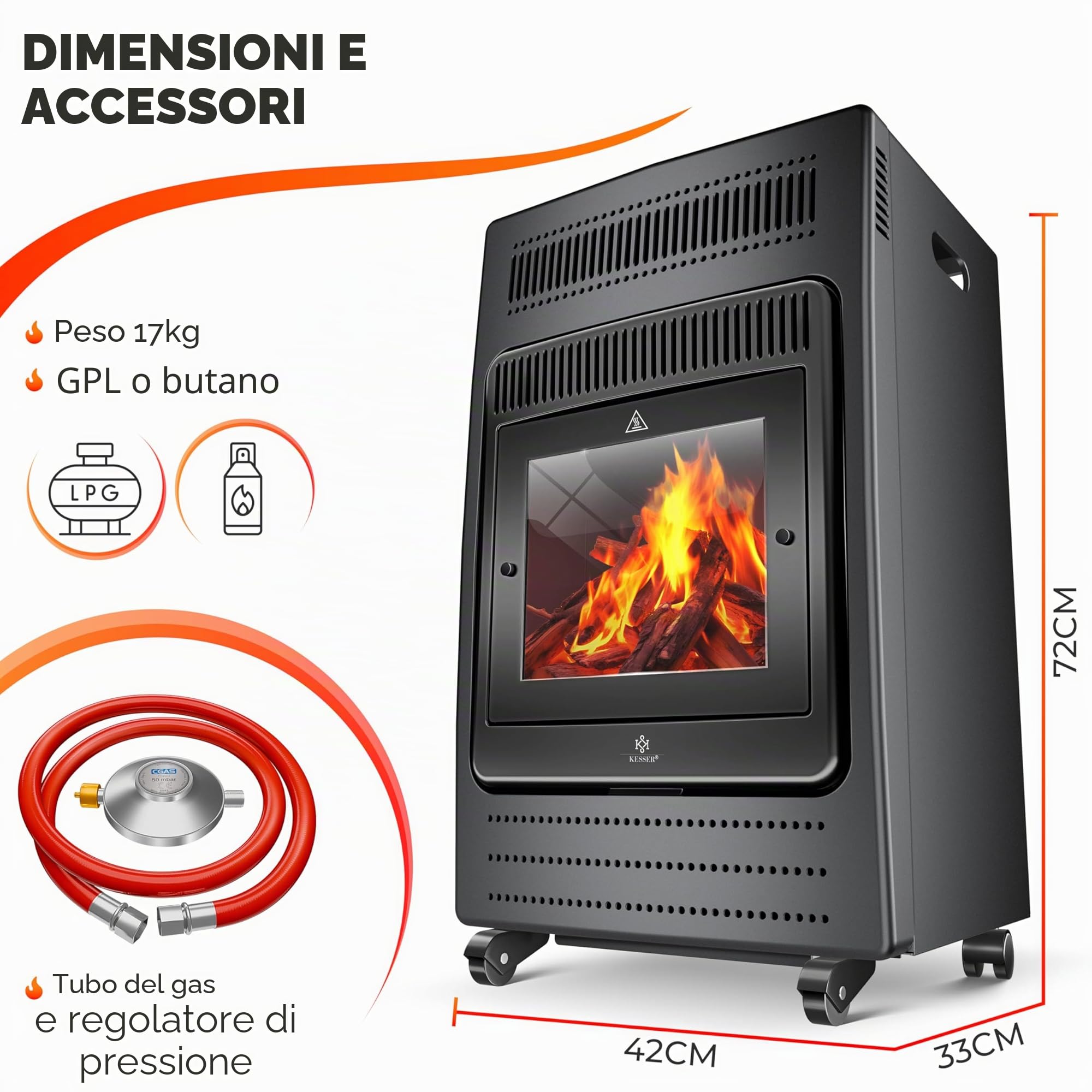 Kesser Stufa a 3,4 kW, con regolatore di pressione, tubo gas, 2 livelli di riscaldamento a infrarossi, 3400 W, riscaldamento fino a 11 kg bombole