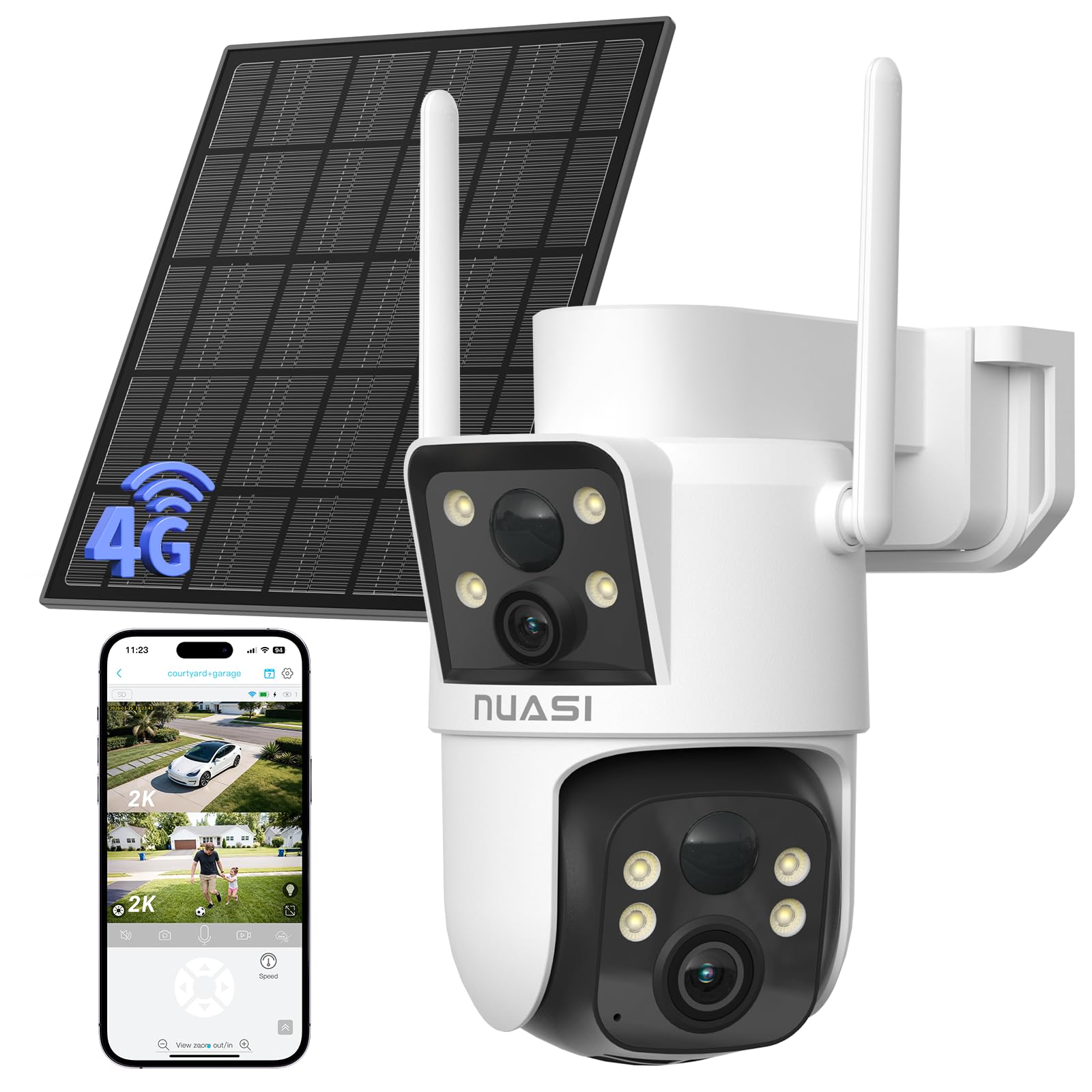 4G LTE Solar Cámara Vigilancia Exterior, Cámara de Doble Lente 2K+2K con Panel Solar, Cámara de Seguridad Exterior con AI Detección Humana PIR, Visión Nocturna a Color, Audio Bidireccional