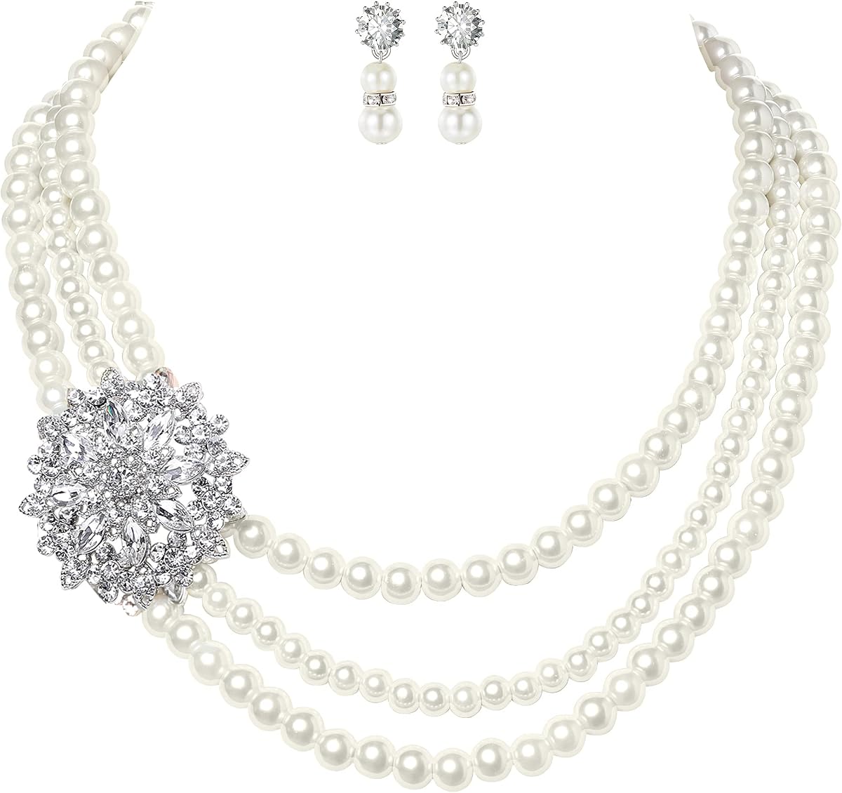 BABEYOND 1920s Gatsby Pearl Necklace Vintage Bridal Pearl Necklace Earrings Jewelry Set Multilayer Imitation Pearl Necklace with Brooch