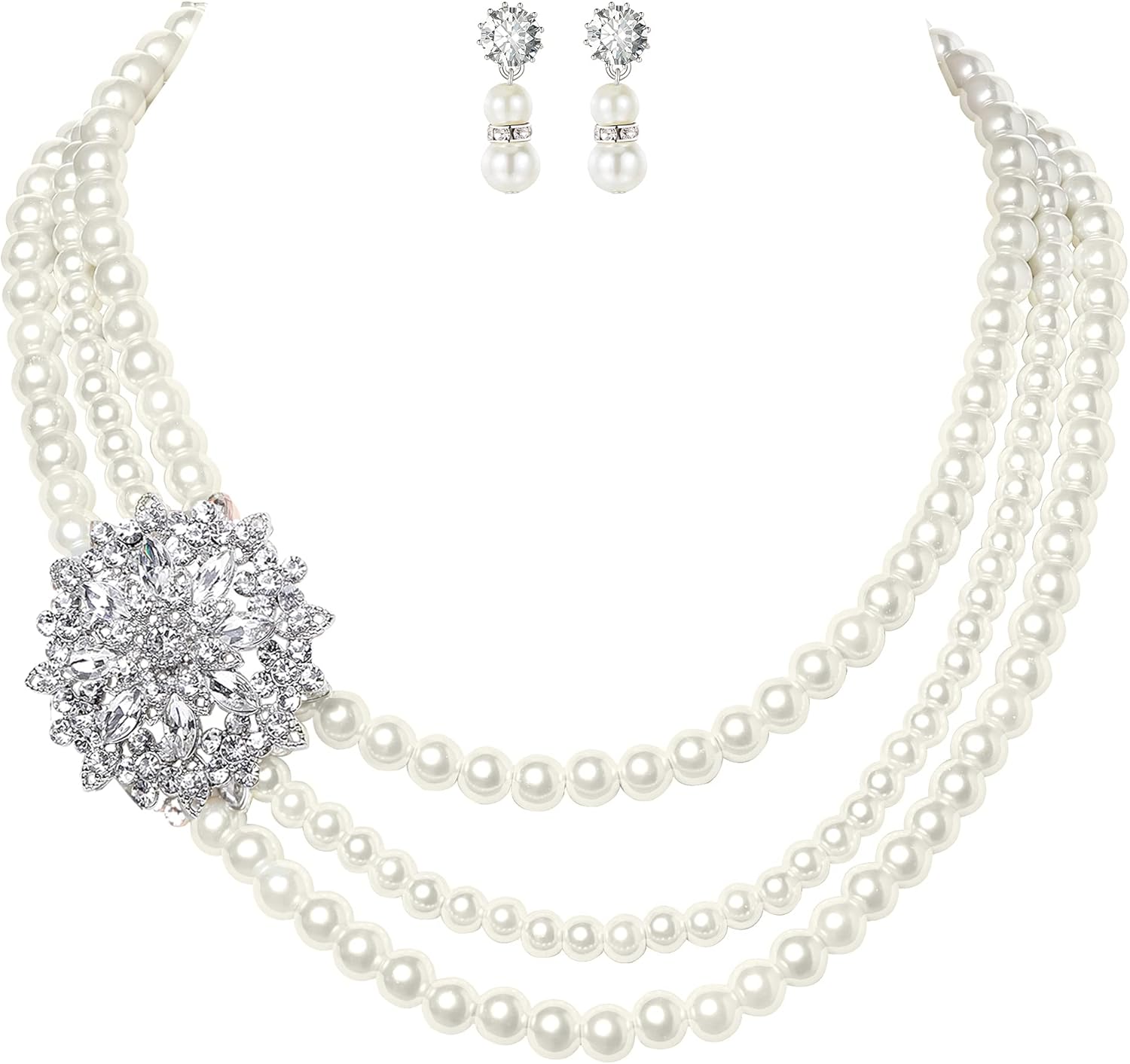BABEYOND 1920s Gatsby Pearl Necklace Vintage Bridal Pearl Necklace Earrings Jewelry Set Multilayer Imitation Pearl Necklace with Brooch