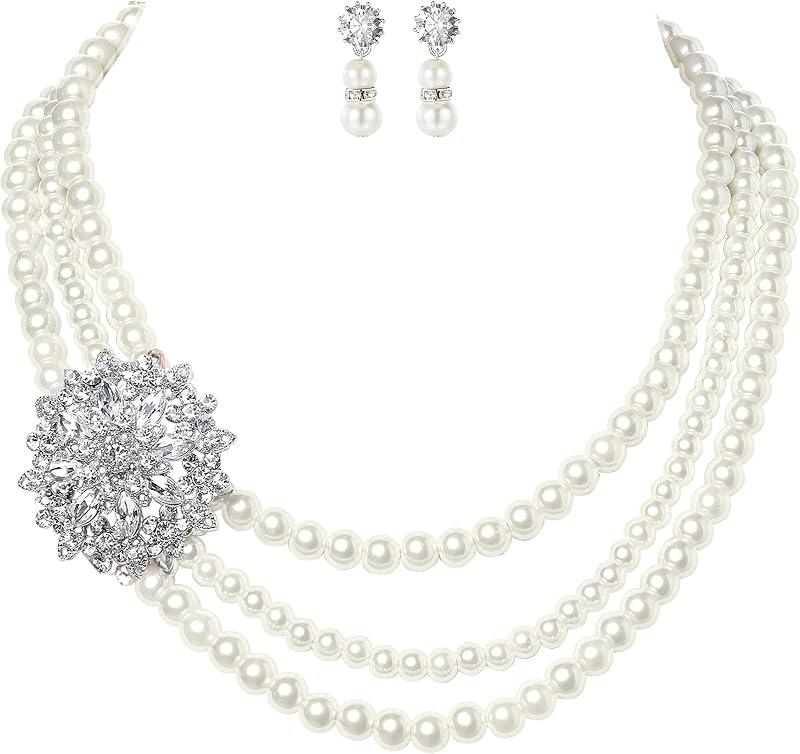 BABEYOND 1920s Gatsby Pearl Necklace Vintage Bridal Pearl Necklace Earrings Jewelry Set Multilayer Imitation Pearl Necklace with Brooch