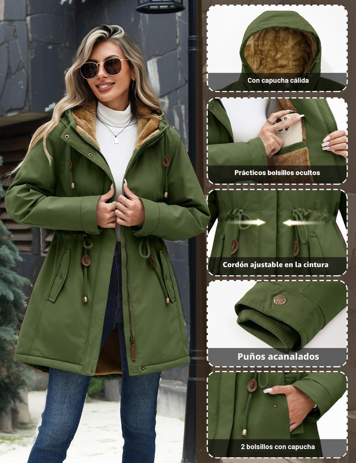 Vancavoo Abrigo Mujer Invierno Parka con Forro Polar Grueso | Parka con Capucha, Cintura Ajustable, Puños de Canalé, Bolsillos Oblicuos, Cremallera y Botones a Presión