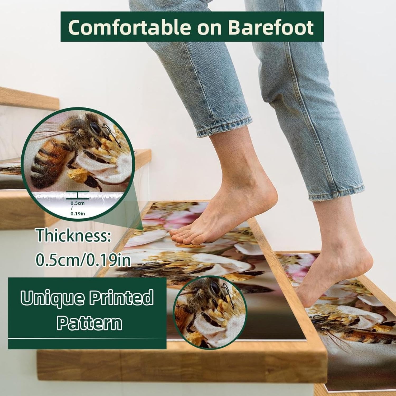 15 Pack Bee and Flowers Stair Treads,8" X 30" Non Slip Carpet Stair Treads Reusable Staircase Step Treads Carpet Treads for Wooden Steps Indoor