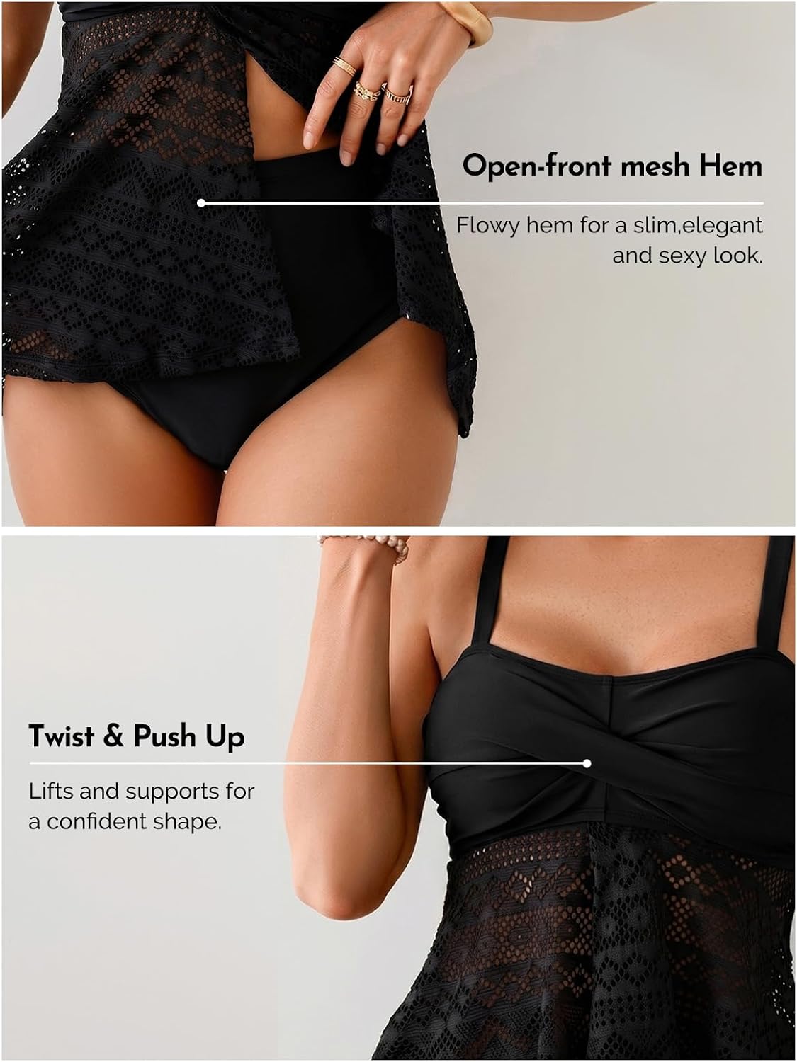 Aleumdr Tankini Swimsuits for Women Modest Two Piece Bathing Suits Flowy Mesh Swim Top with High Waisted Bottom