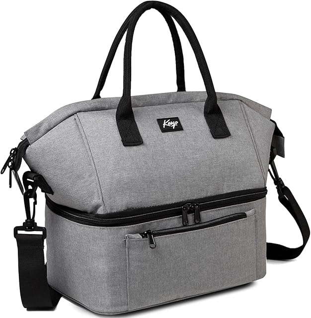 Kasgo Lunch Bag for Women, Insulated Lunch Tote Cooler Bag Lightweight Dual Compartments Thermal Lunch Box Bag with Detachable Shoulder Strap for Famaly Men Picnic Work, Gray