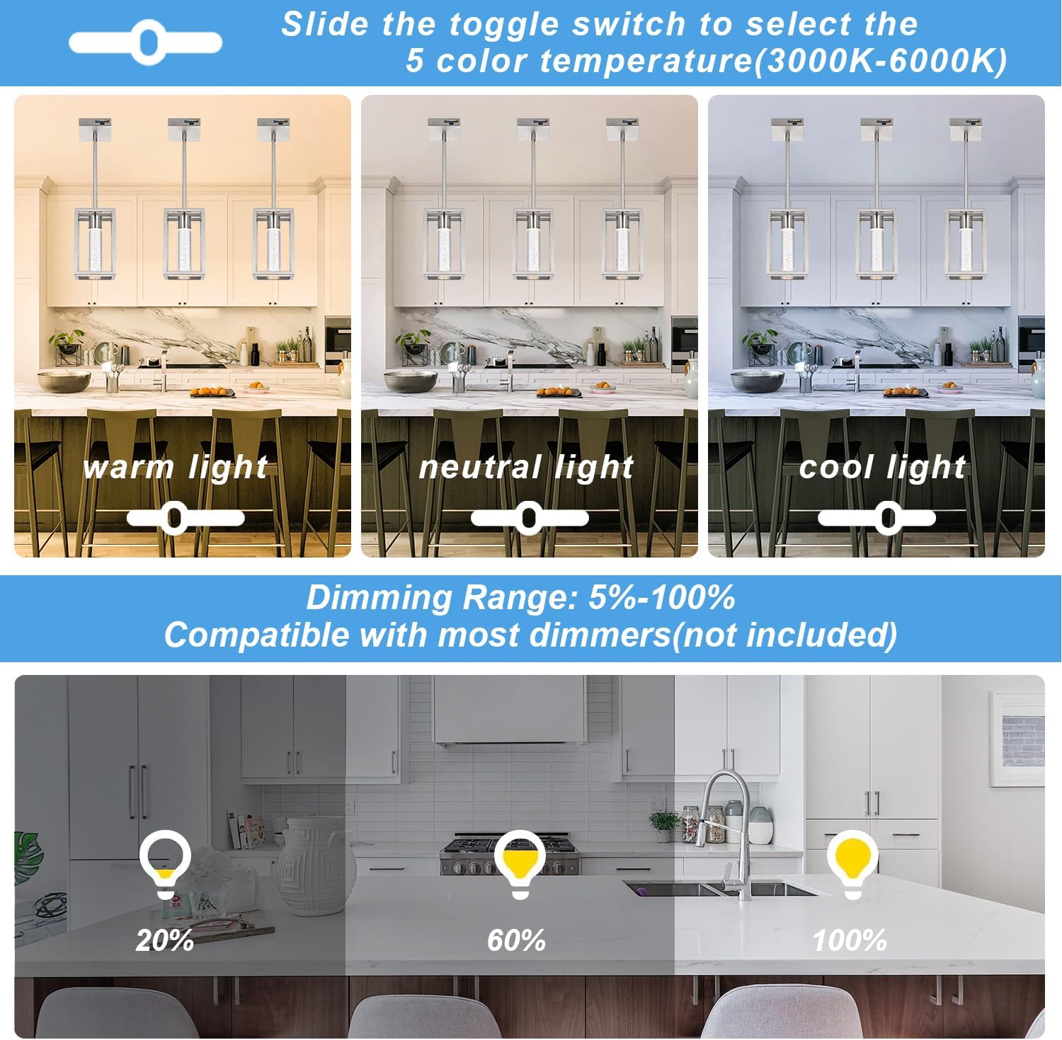 MELUCEE 3 Pack 15W LED Bubble Crystal Pendant Lights Kitchen Island, Modern Led Pendant Light 5 Color Temperature Adjustable, Brushed Nickel Dining Room Light Fixtures Adjustable Height, 3000-6000K