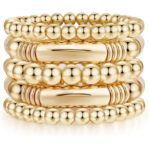 Gold Bangles Bracelet for Women Chunky Curved Stacking Plated Bead Ball Stretchable Bracelets