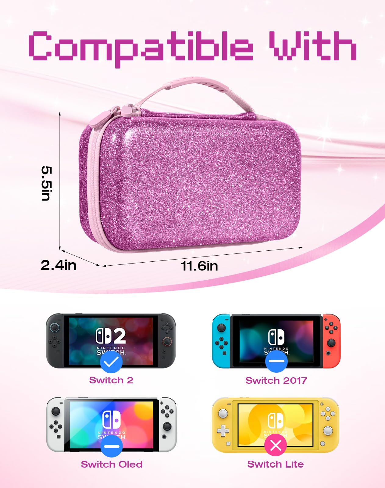 Etui do przenoszenia Nintendo Switch 2 – błyszczący fioletowy uroczy wzór kawaii z uchwytem i paskiem do Switch 2 2025 etui podróżne przenośne przechowywanie ochronna twarda obudowa dla