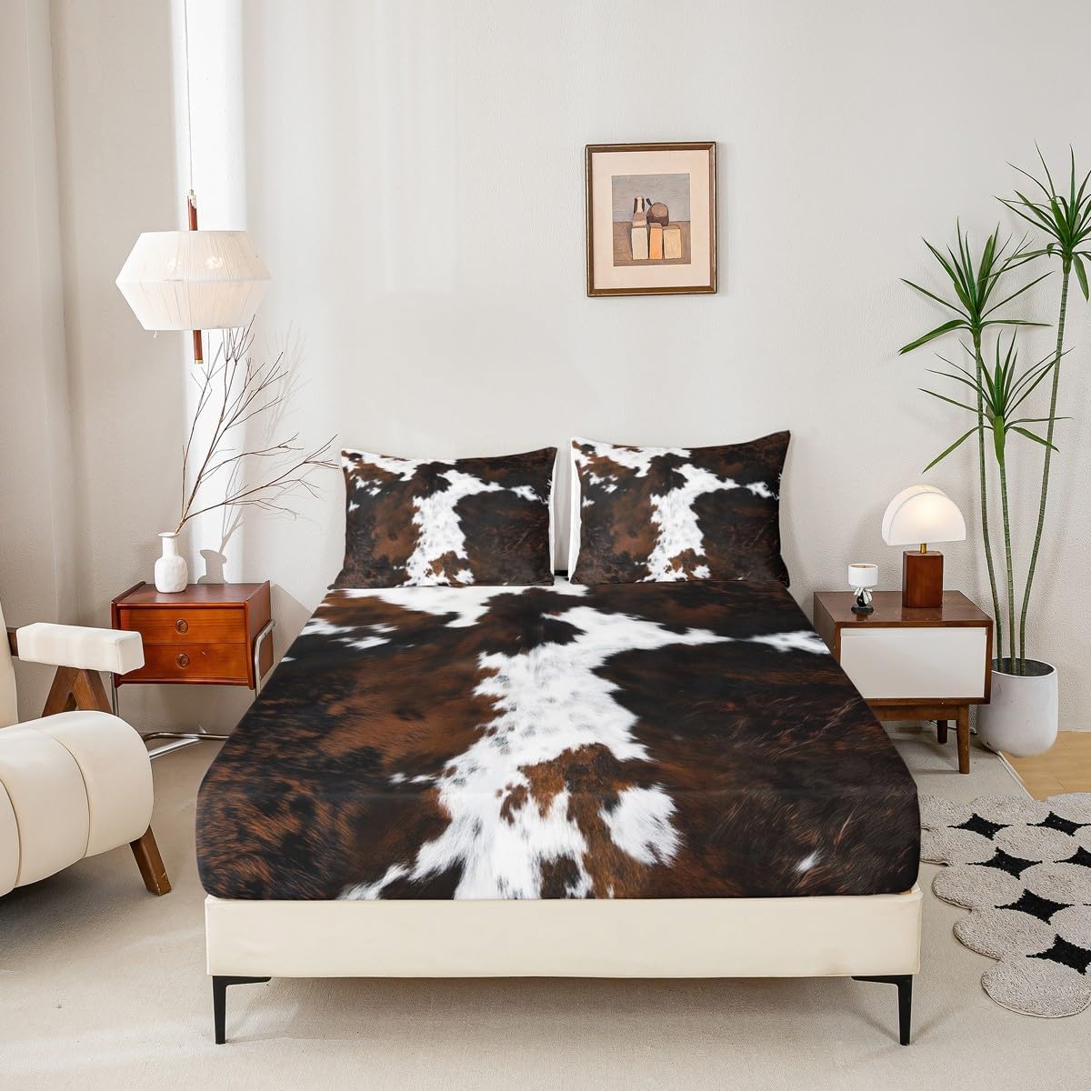 Cowhide Print Fitted Sheet Queen Size 3 Pcs, Cow Fur Pattern Theme Bedding Deep Pocket for Home Bedroom Decor, Maroon (1 Fitted Sheet+2 Pillowcases) No Flat Sheet