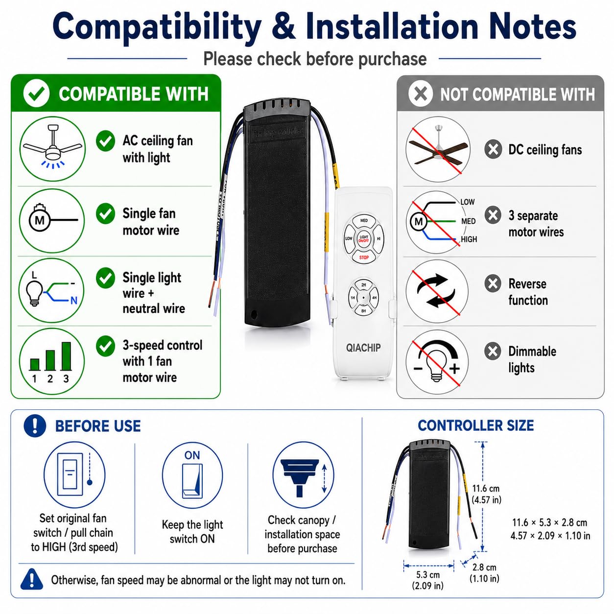 QIACHIP Mando a distancia para Ventilador de techo con 3 ajustes de velocidad y control de luz, 220V 230V controlador ventilador techo alexa Compatible con Smart Life APP, Alexa, Google Home