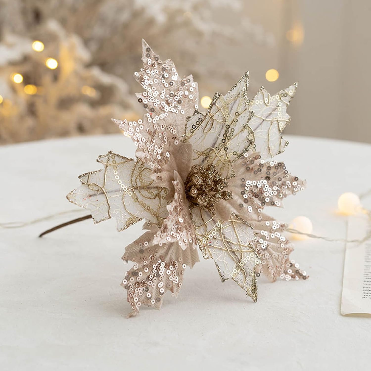 10 Pcs Glitter Christmas Poinsettia Flowers Picks 7.9Inch Artificial Poinsettia Christmas Flowers Decorations Christmas Tree Flower Ornaments for Xmas New Year Wedding Party Holiday(Champagne)