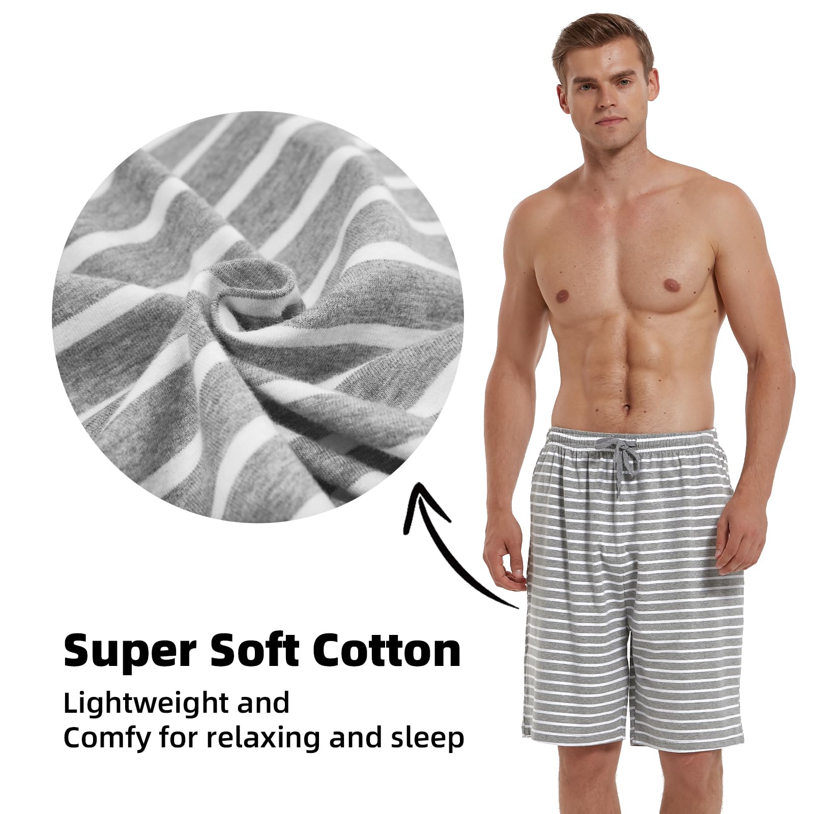 HomyComy Herren 2er-Pack Schlafshorts Gestrickte Schlafanzughose Pyjamahose kurz Baumwolle Lounge-Hose Nachthose Freizeithose mit Taschen