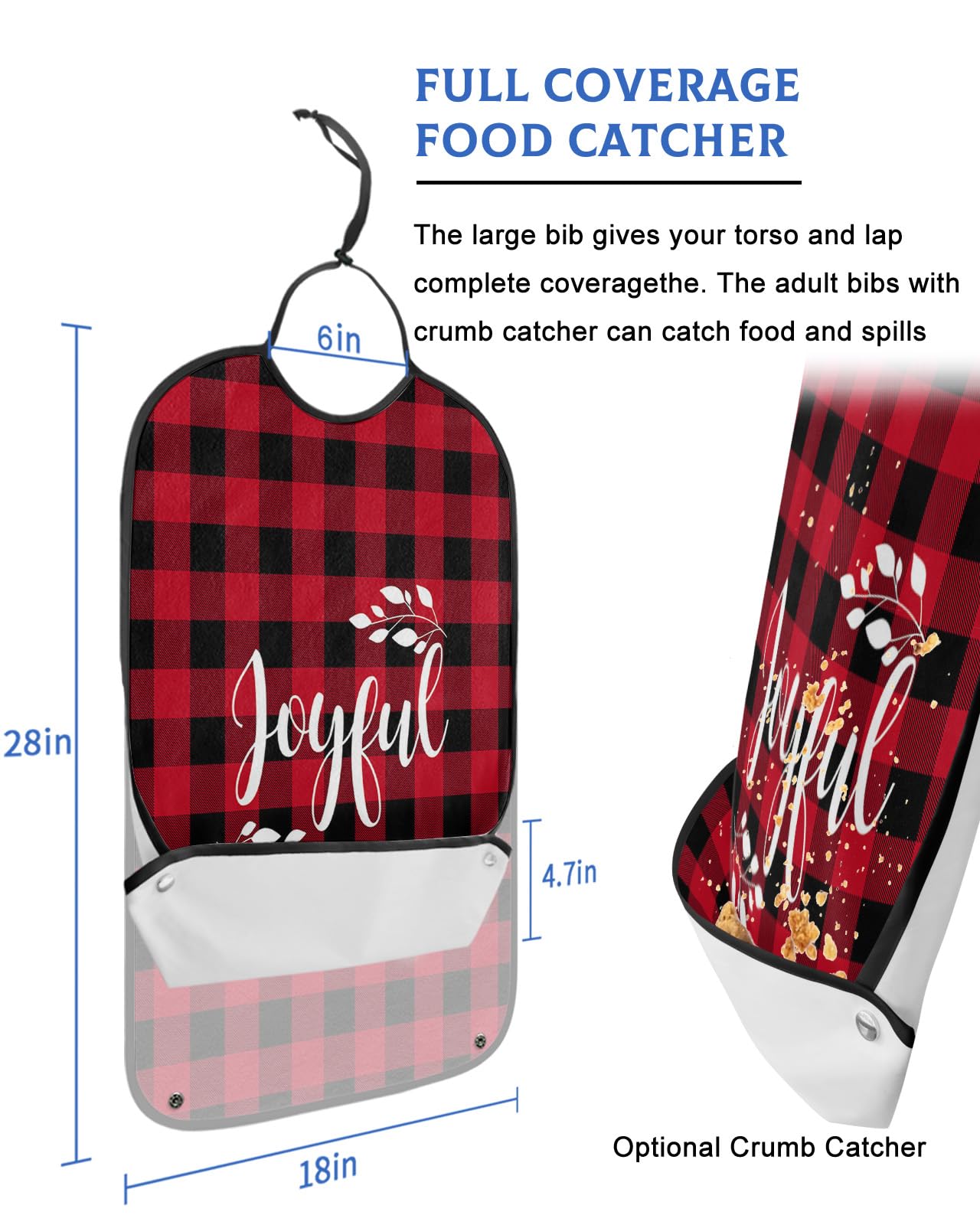 LEOKOTI Christmas Proverb Adult Bibs for Eating, Waterproof Bibs with Food Catcher & Adjustable Snap Closure, Red Black Checkered Joyful Washable Clothing Protectors Adult Bibs for Elderly Women/Men