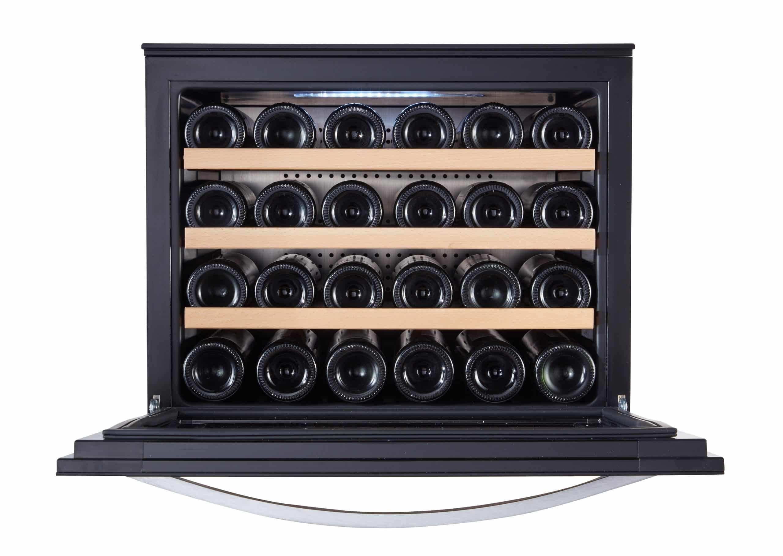 LV22 Einbau-Weinkühlschrank - Einbau-Weinklimaschrank mit 2 Zonen - Vollglas-Designtür, 22 Flaschen, 41 dB, 60 cm breit und 3 ausziehbare Schubladen aus Buchenholz