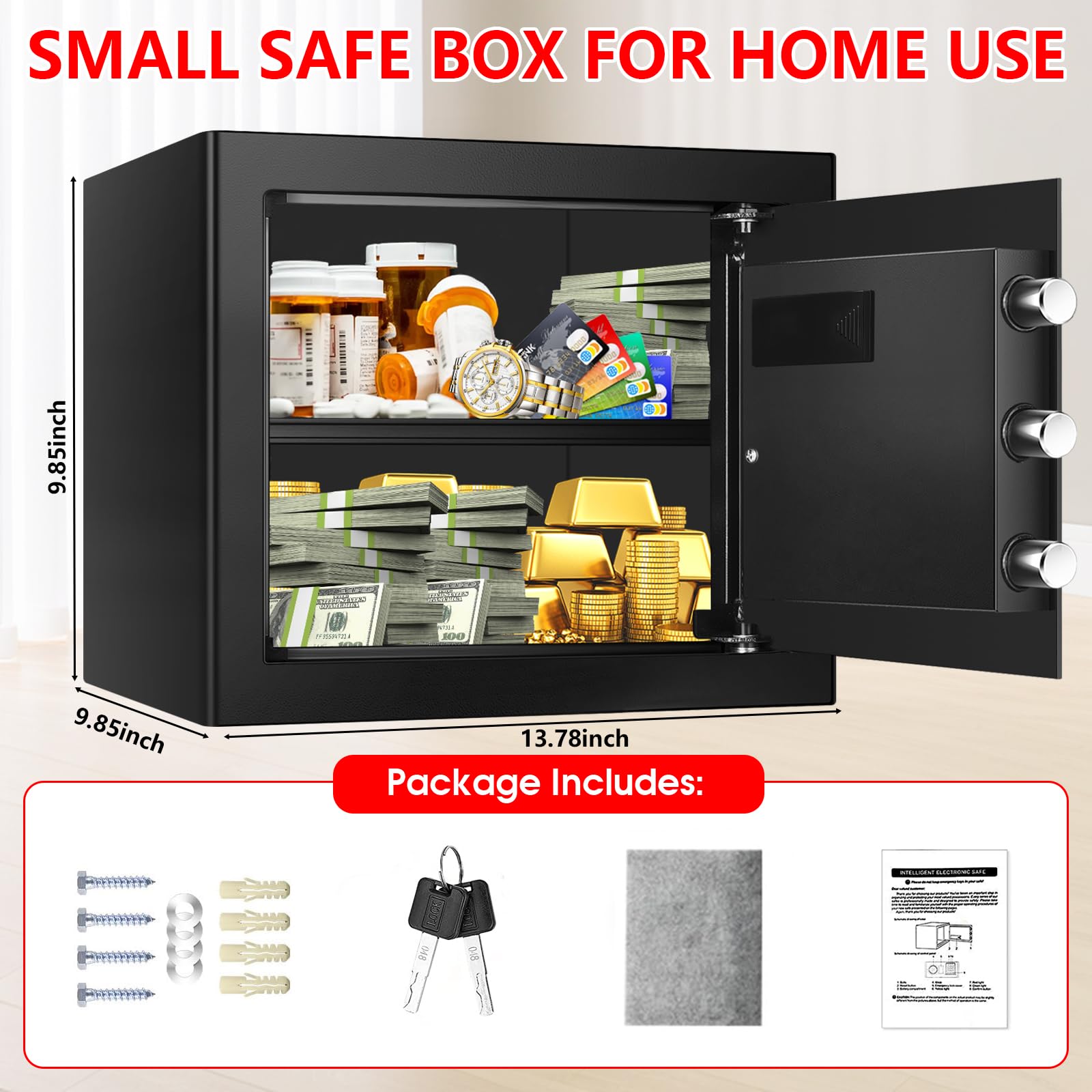 Caja fuerte pequeña de 1.2 pies cúbicos para el hogar, resistente al fuego e impermeable, antirrobo, ignífuga, con teclado digital, llaves de repuesto y estante extraíble, caja fuerte personal para el