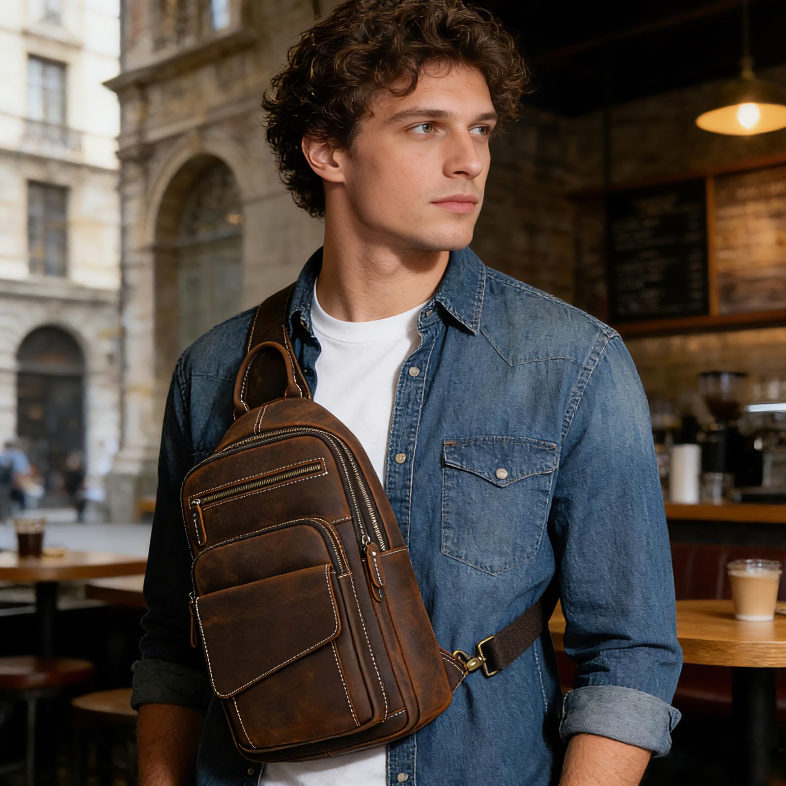 Brusttasche Herren Echtes Leder Schultertasche Crossbody Sling Bag Anti-Diebstahl Umhängetasche Für Reisen