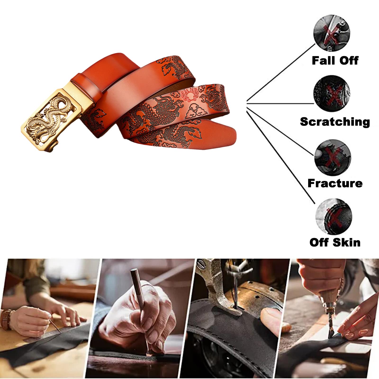 Cinturón De Trinquete para Los Hombres, 3,5 Cm De Ancho Cinturones De Cuero Genuino con Hebilla Automática Deslizante Grabado Hueco Dragón De Oro Décor Escultura(130cm/waist:45", Brown)