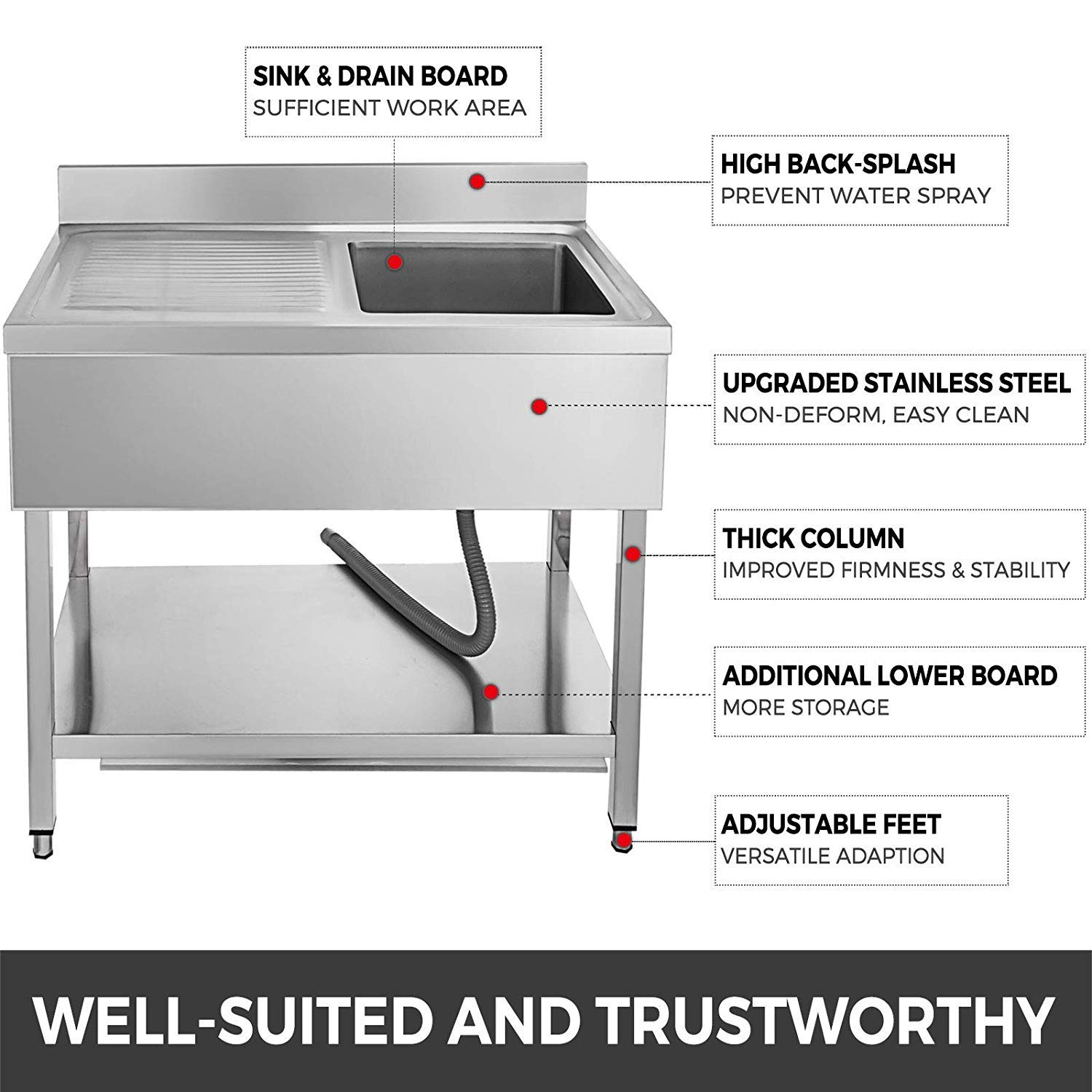 Lavello da Cucina in Acciaio Inox 100 x 60 x 83,5cm, Lavelli in Acciaio con Vasca 40 x 40 x 25cm, Lavello 1 Vasca 1 Pannello Inox 201, Lavello Cucina con Mobile per Casa Ristorante Bar Mensa