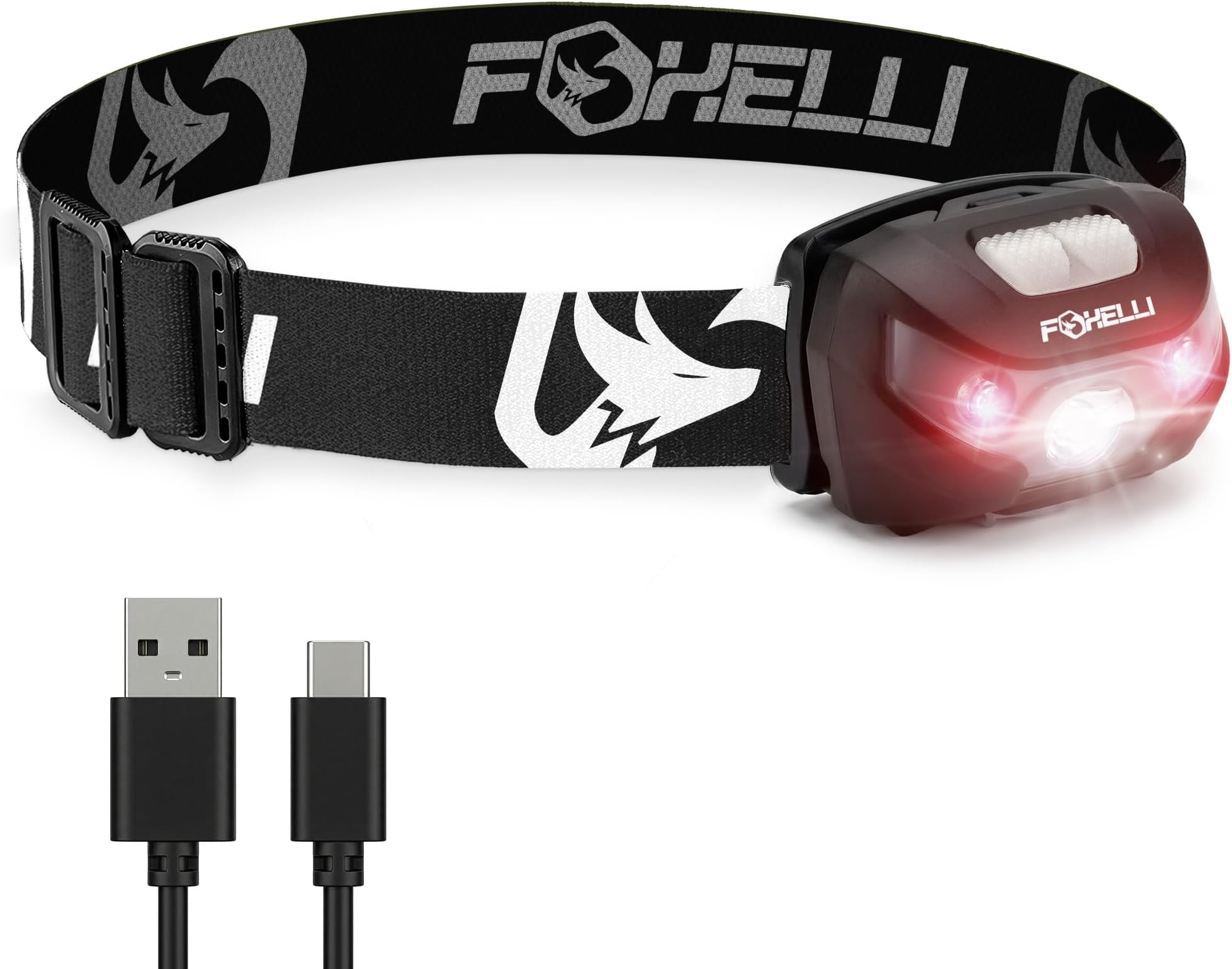 Foxelli USB-C Rechargeable LED Headlamp – Super Bright, Lightweight Head Lamp for Running, Camping, Hiking & Work – Comfortable Fit for Adults & Kids