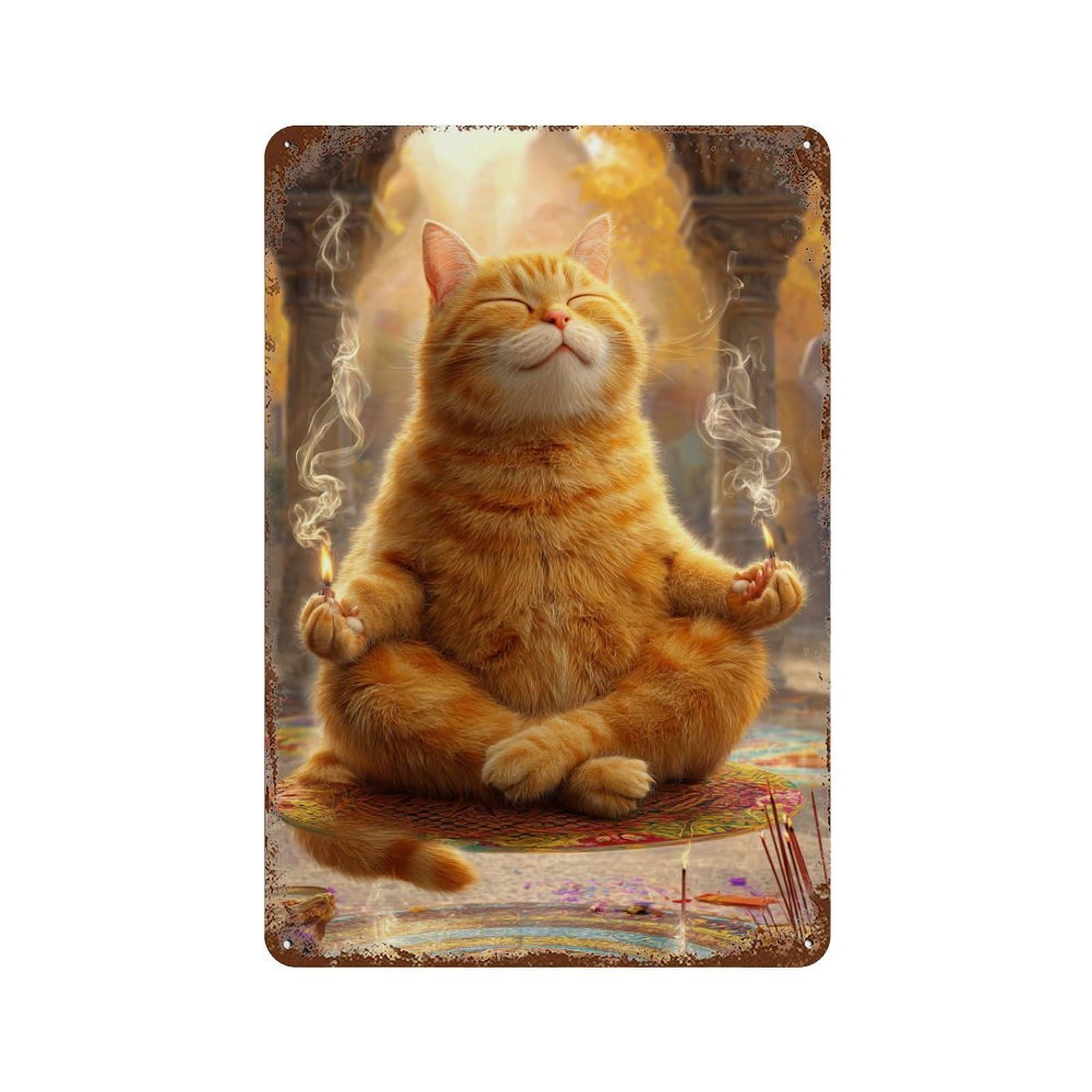 Yoga Cat in Meditation Pose 11.8"x7.9" Weathered Tin Sign, Rustic Home Decor for Living Room, Hallway And Home Decor