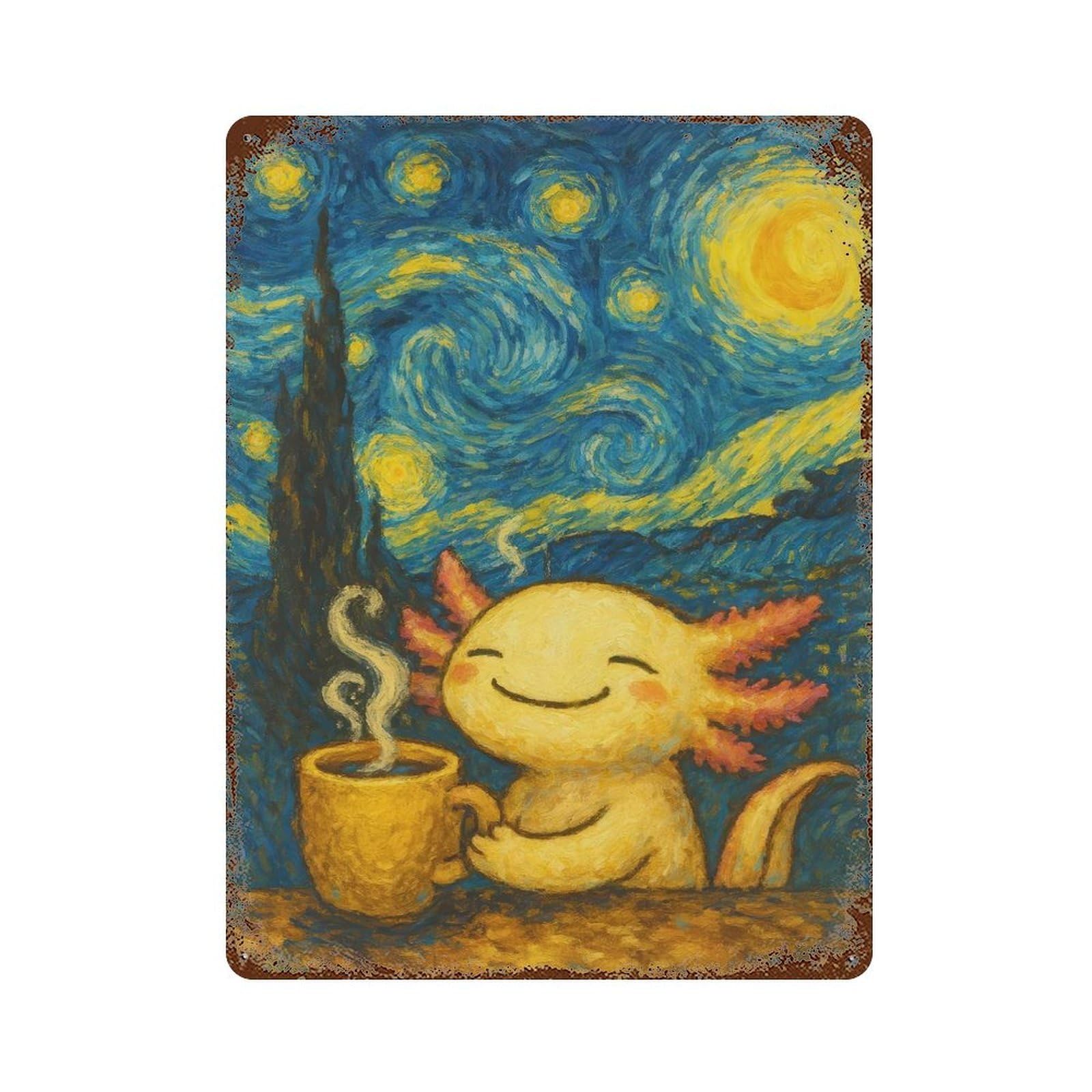 Axolotl Coffee Starry Night Painting Vintage Metal Tin Sign 15.7"x11.8", Farmhouse Wall Decor for Living Room, Hallway And Home Decor