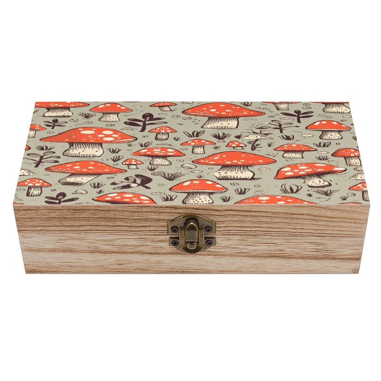 VstaDank Cartoon Mushrooms Wooden Keepsake Box with Hinged Lid Solid Wood Gift Boxes Beautifully Keepsake Box Jewellery Organiser Retro Memory Treasure Case with Lids Decorative Boxes