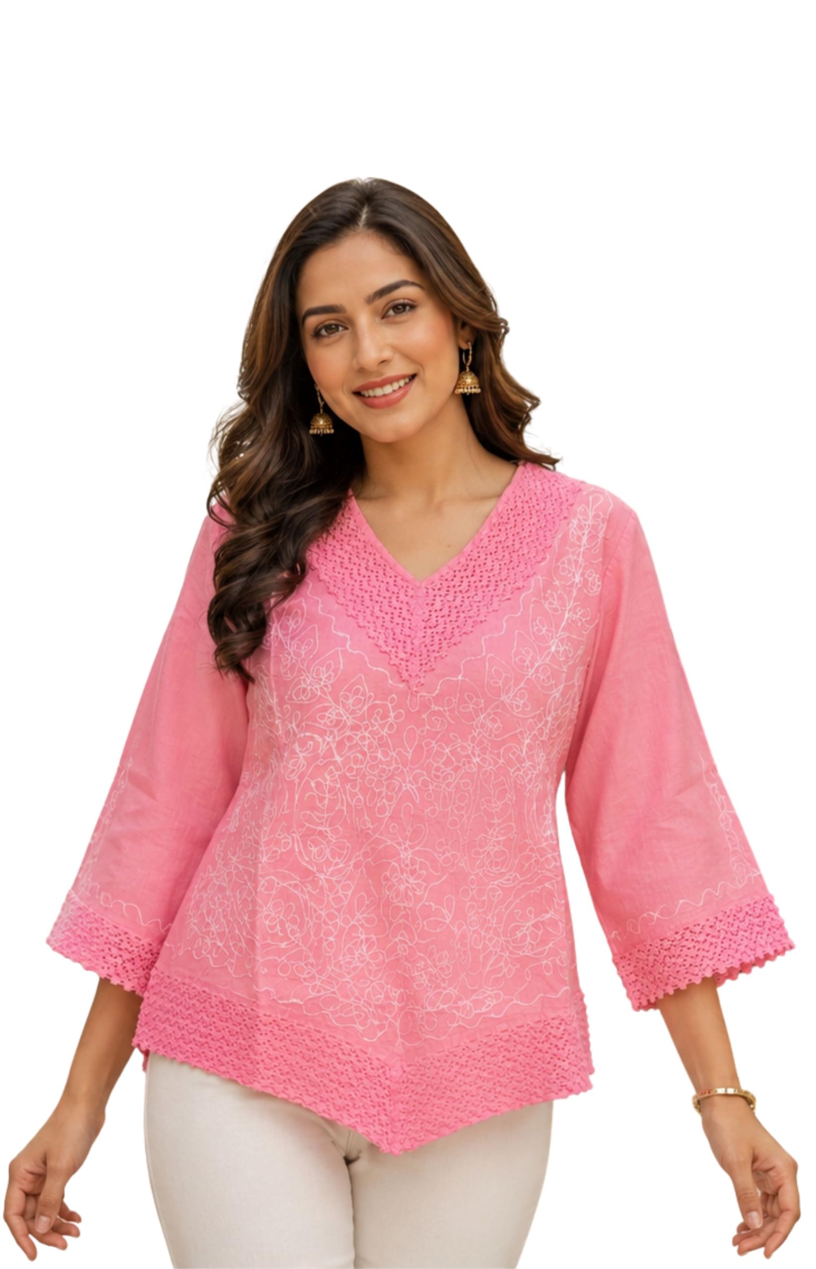 Women’s 3/4 Sleeve Embroidered Design V Neck Cotton Short Kurti for Wedding Party & Festive (Light Pink-S (s))-picture-19