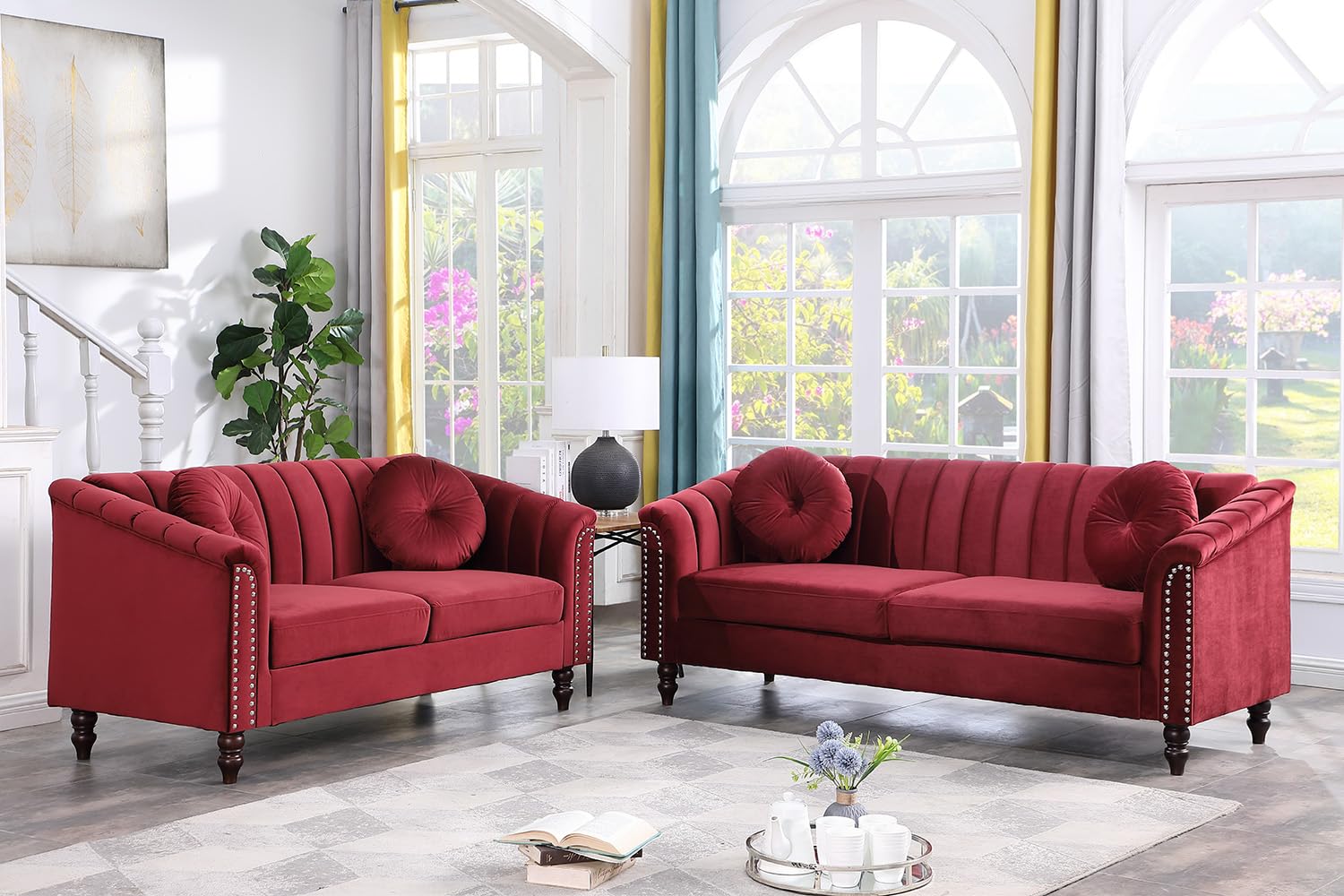 SIENWIEY Chesterfield Sofa Set, Luxurious Velvet Chesterfield Settee Couch Set,Sofa and Loveseat Set,Upholstered Rolled Arm with Rivets/4 Button