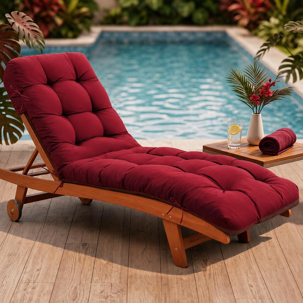 widesmile Cuscino per sedia a sdraio impermeabile, di ricambio per giardino e piscina, con cinghia di fissaggio e cuscini antiscivolo, 180 x 56 cm, rosso
