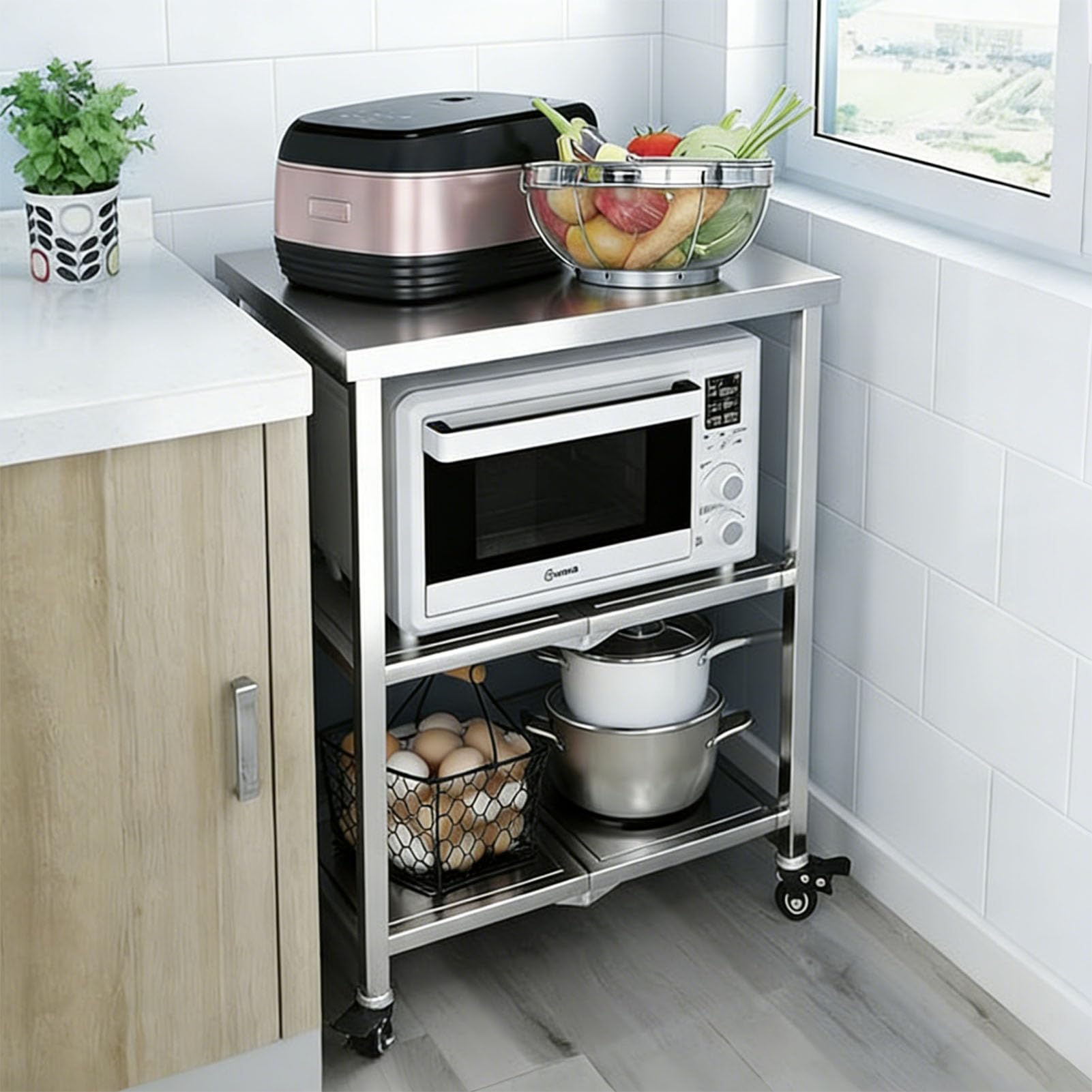 Carrello da Cucina, Mobiletto Carrelli da Portata 3 Ripiani Scaffale Microonde Metallo, 60x45x80cm Ripiegabile Scaffalatura Portaoggetti Servizio su Ruote per Ristorante Ufficio, Argento