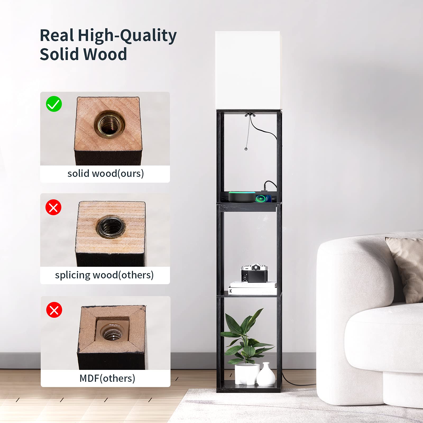 SUNMORY Stehlampe Wohnzimmer, Stehlampe mit Regal aus Massivholz, 3 Farbtemperaturen, 2 USB-Ladeanschlüsse und 1 Schublade, Stehlampen für Wohnzimmer, Schlafzimmer, Stehlampe Schwarz（Mit Glühbirne）