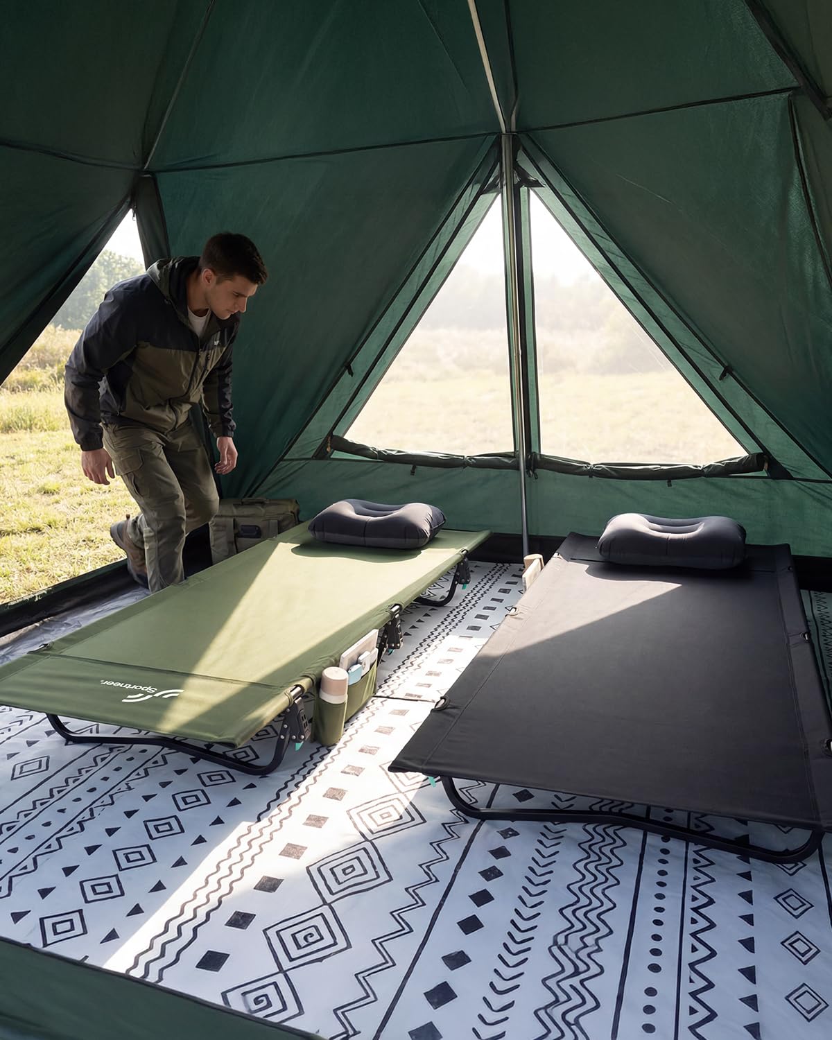 Sportneer Lettino da campeggio pieghevole: 80 cm, extra largo, compatto, con tasca laterale, leggero per tenda da viaggio, borsa di trasporto inclusa, facile da installare