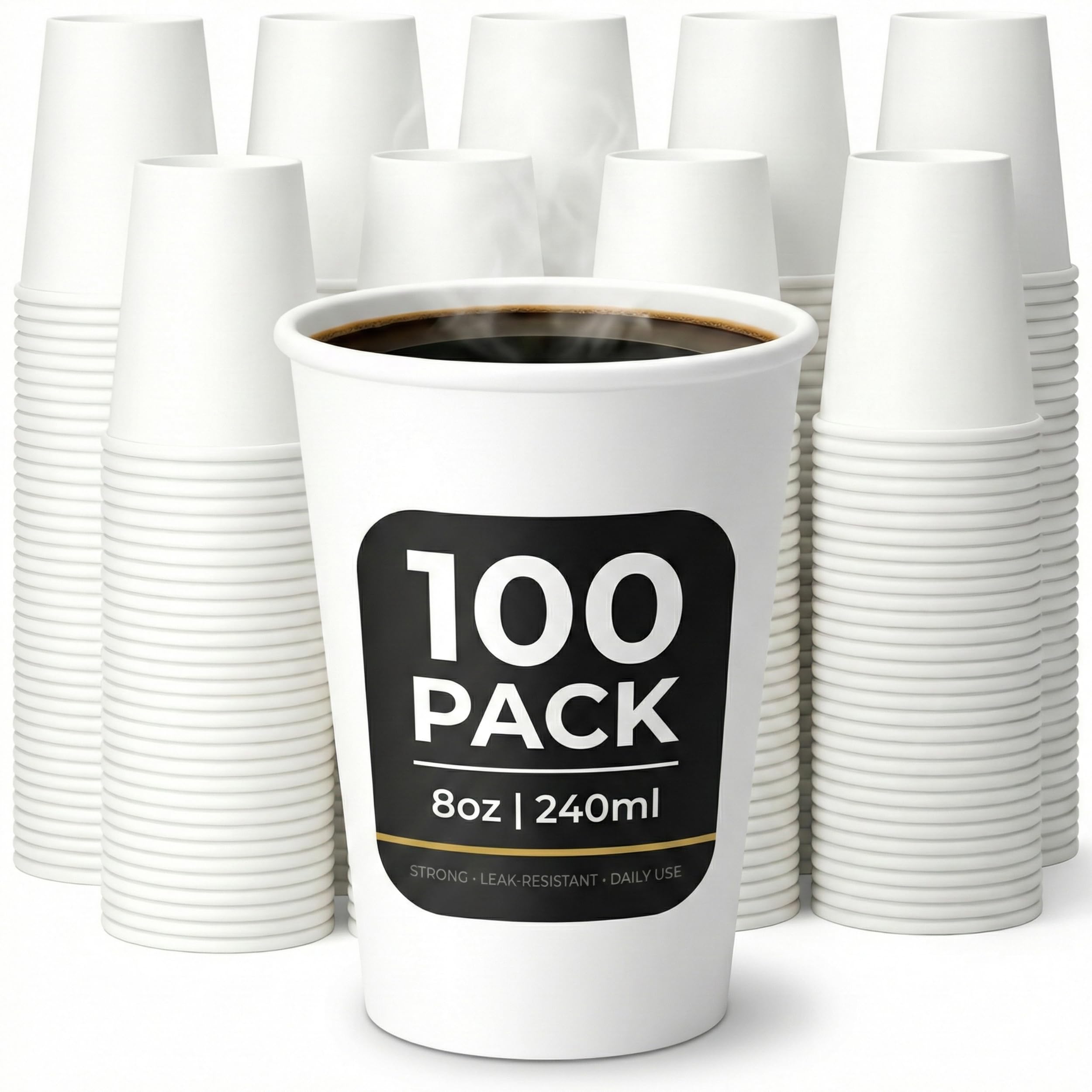 Paper Cups 8oz (240ml) – 100 Pack White Disposable Coffee Cups – Strong Single Wall Cups for Hot & Cold Drinks – Leak-Resistant, Smooth Rim – Ideal for Parties, Home, Office, Cafés & Events