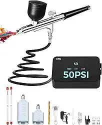 Kit de aerógrafo com compressor de ar, escova de ar de alta pressão de 50 PSI com conjuntos de bocal/limpeza de 0,2/0,3/0,5 mm, ideal para modelagem, pintura, unhas, maquiagem e decoração de bolos