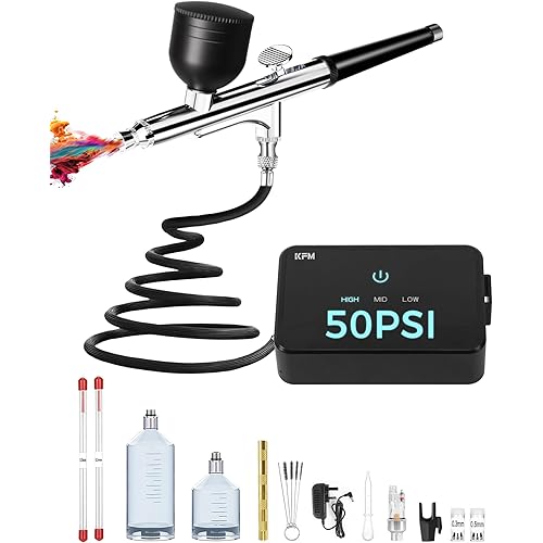 Airbrush Kit with Air Compressor, 50 PSI High Pressure Air Brush with 0.2/0.3/0.5mm Nozzle/Cleaning Sets, Ideal for Modeling, Painting, Nails, Makeup & Cake Decorating
