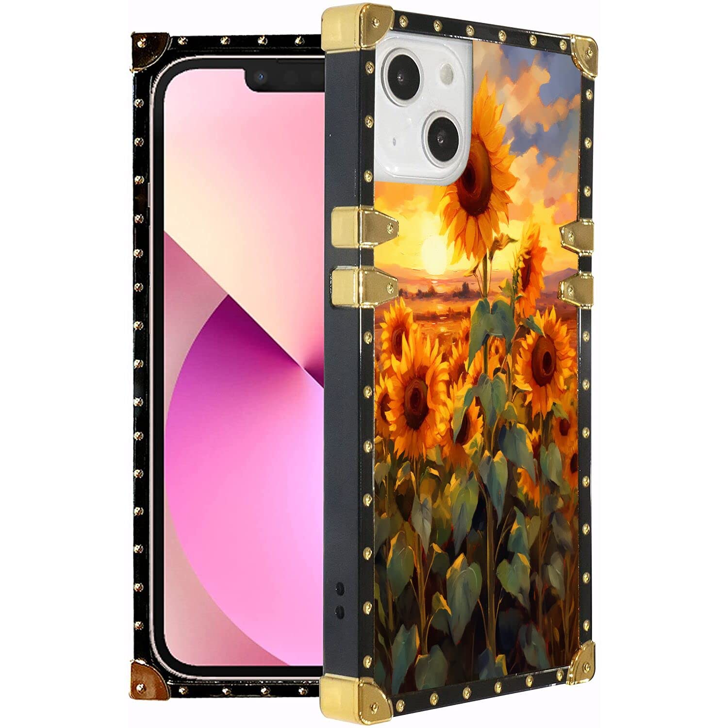 SHENCANG BLUE Designed Phone Case for iPhone 13 Colorful Sunflowers Field Art48 Design Black Frame Smartphone Cover Soft TPU Shockproof Mobile Phone Case