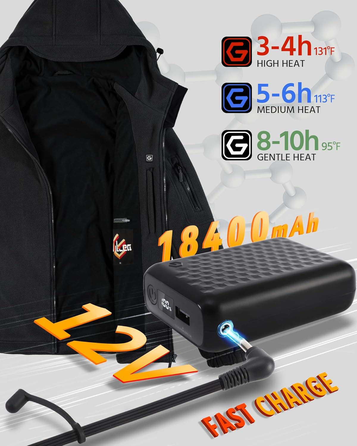 Wulcea Graphene Heated Fleece Jacket for Men 12V Fast Charge 18400mAh Large Capacity - Image 3