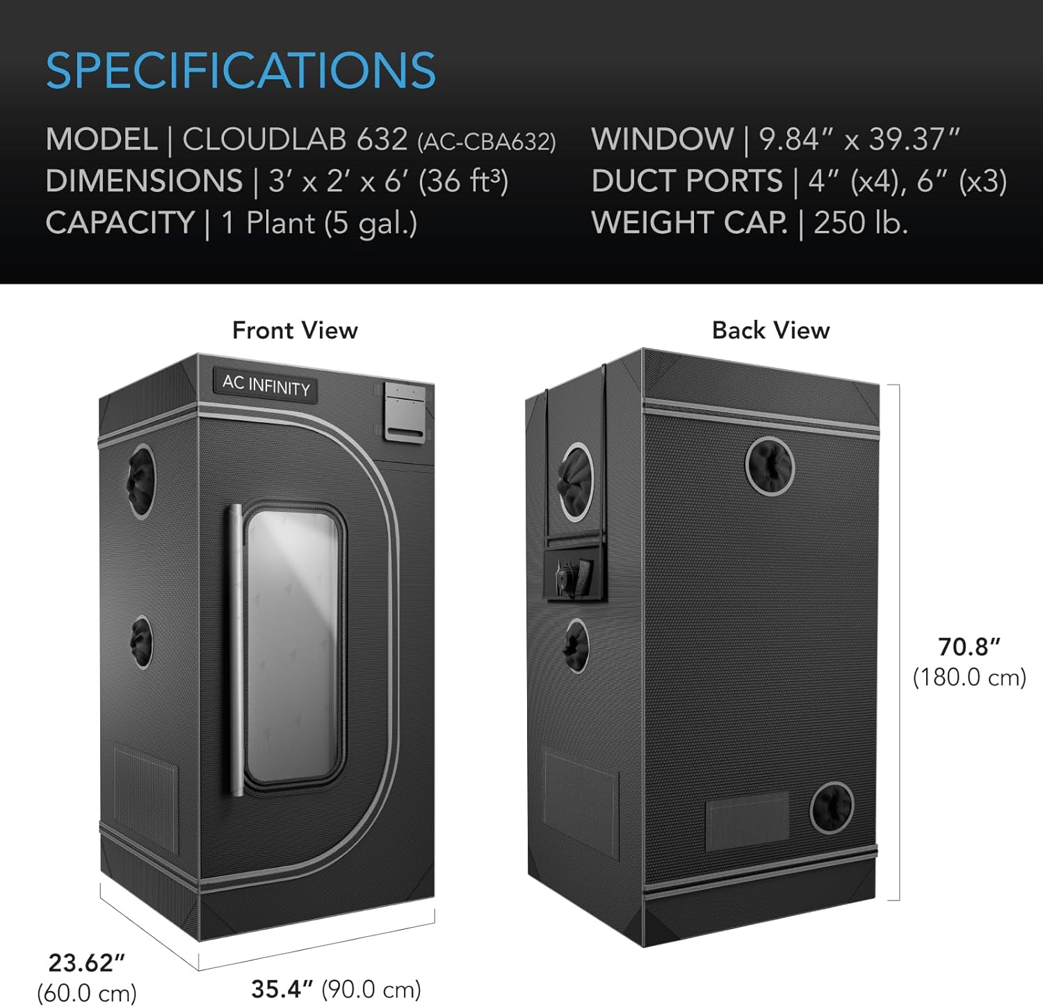 Detailed specifications diagram for CLOUDLAB 632, showing front and back views with dimensions, model, window size, duct ports, capacity, and weight capacity.