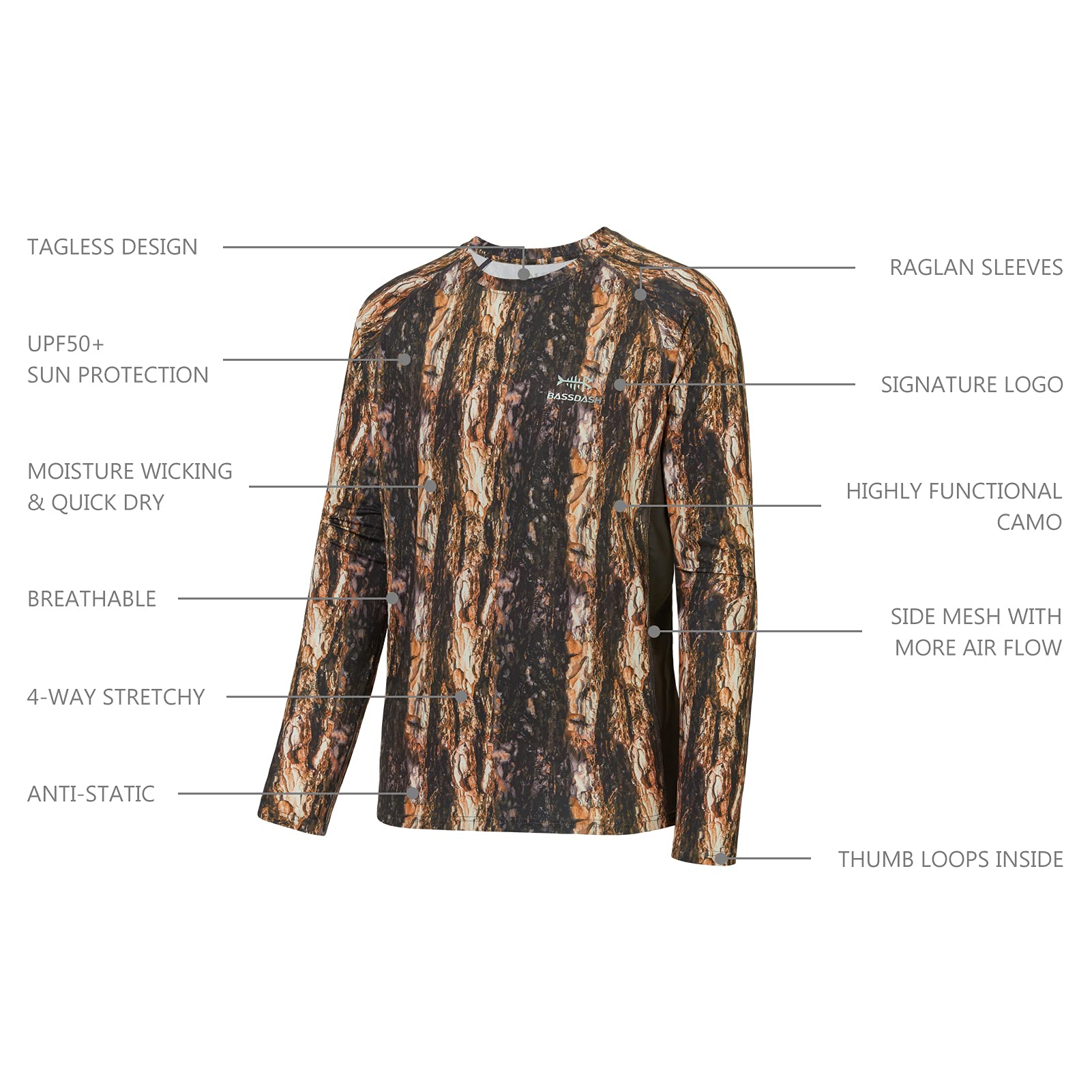 BASSDASH FS13M - Camiseta de manga larga para hombre, diseño de camuflaje, Tree Trunk, 4X-Large