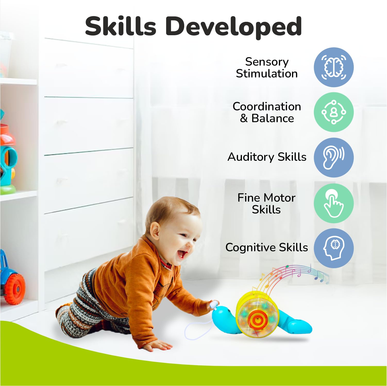 R for Rabbit Orapple Snail Tune Musical Pull-Along Toy for Baby |Lights, Music & Smooth Wheels | Safe Design Injury-Free Edges | Enhances Sensory, Auditory & Motor Skills 12+ Months Kids (Blue Yellow) 3