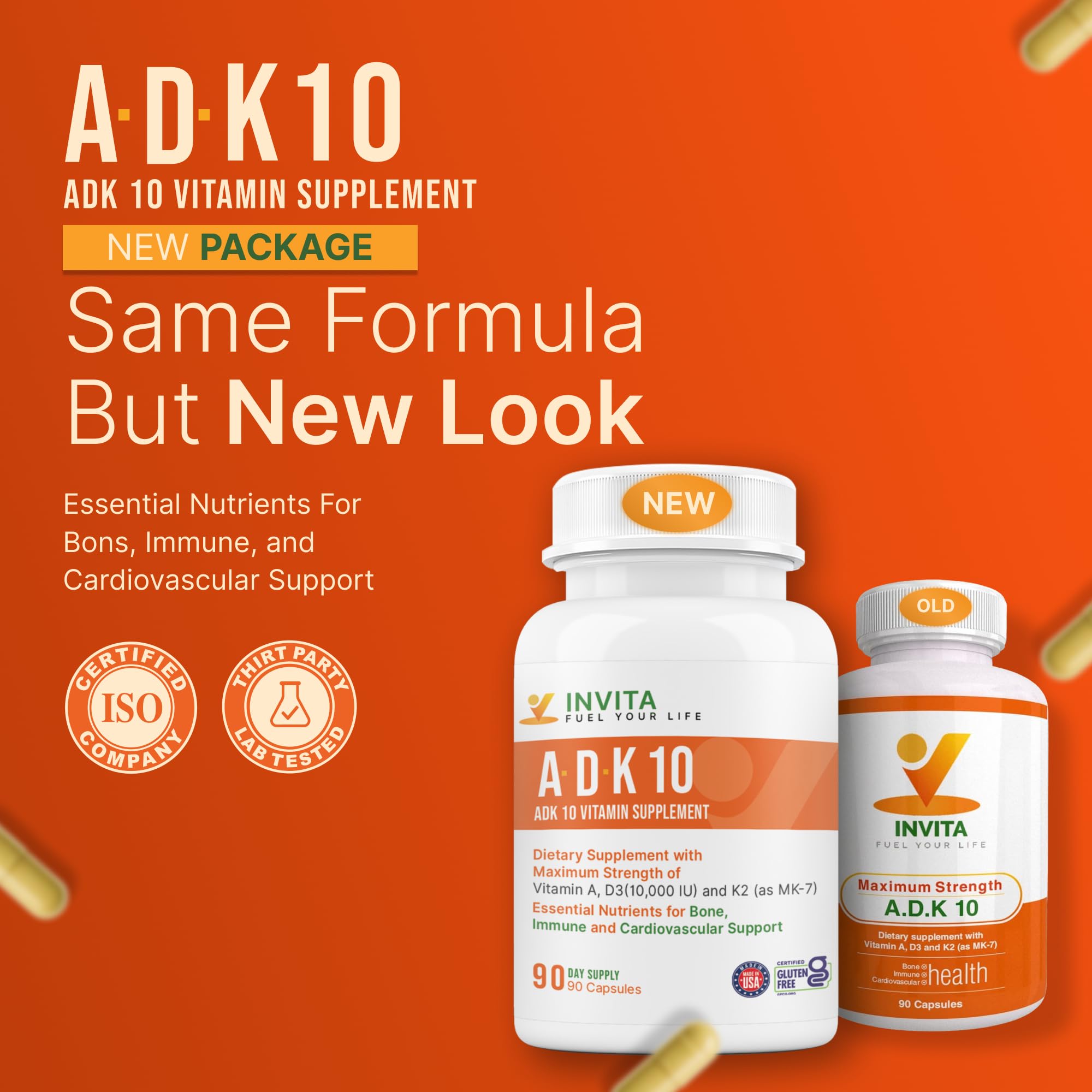 INVITA, ADK 10 Vitamin Supplement – 90 Capsules – High Potency of Vitamin A, D3 10,000 IU & K2-MK7 – Physician Formulated ADK for Bone, Heart & Immune Support – Non-GMO, Gluten Free (3-Month Supply) — Amazon image 2