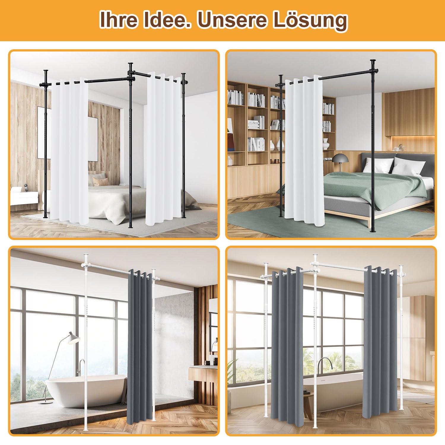 Asta divisoria per tende, senza fori, indipendente, senza tenda, regolabile, altezza 122-320 cm, larghezza 70-355 cm, protezione privacy per soggiorno, bianco
