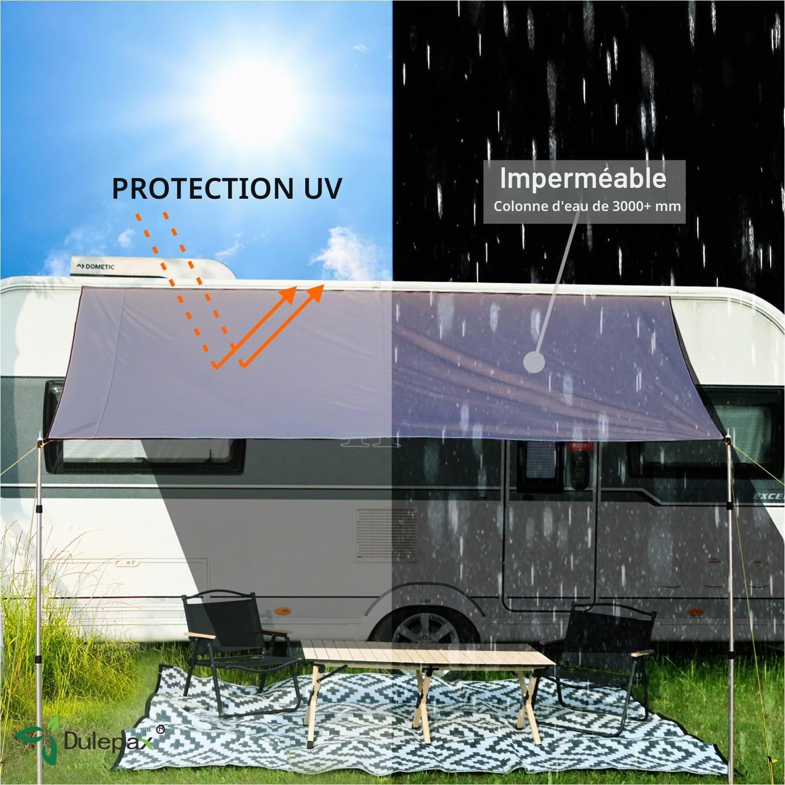 Dulepax Auvent de Caravane Store Banne Camping Car 3000mm Etanche, Résistant aux UV pour Auvent Voiture SUV/Fourgon/Bus 2,96 m x 2,45 m