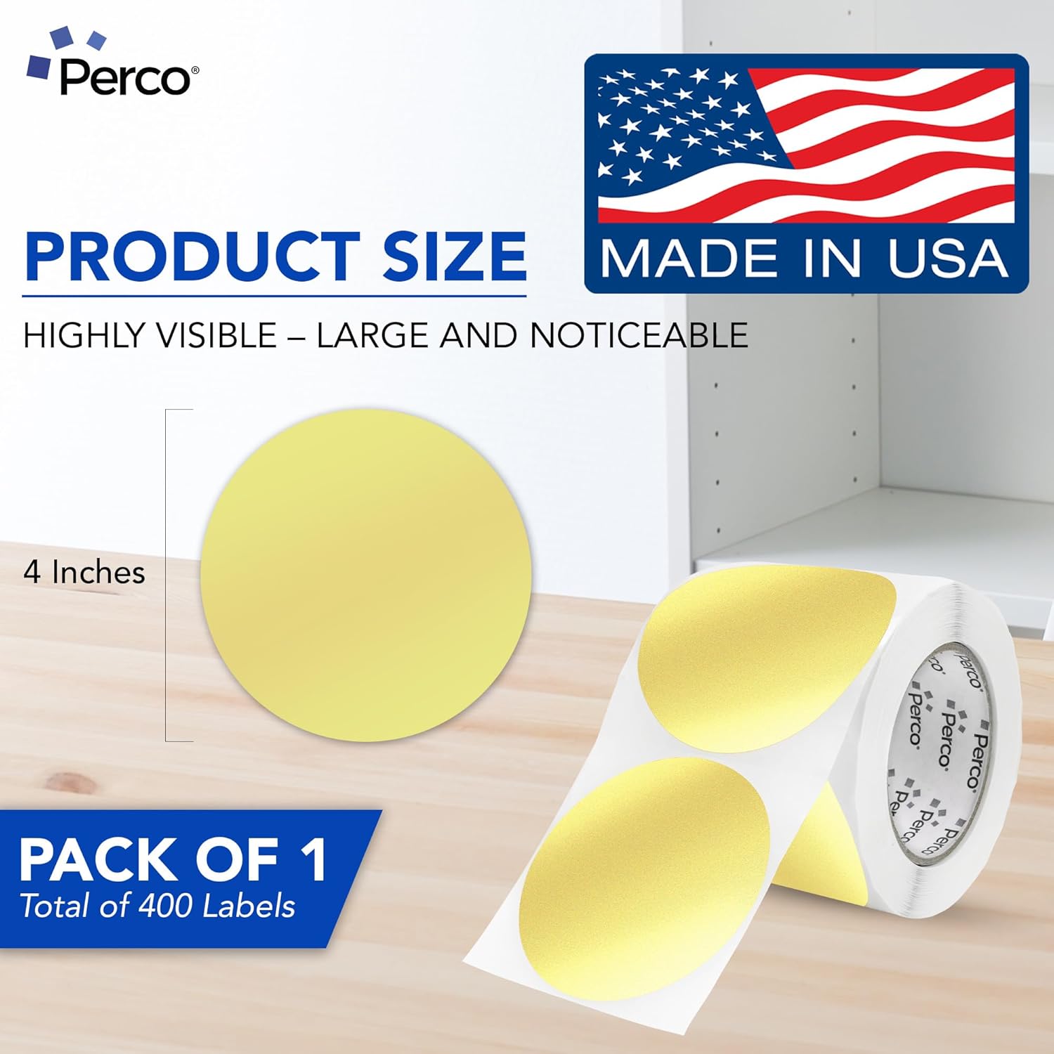 Perco Metallic Gold 4-Inch Perforated Round Circle Dot Sticker Labels — 400 Labels per Roll — with Permanent Adhesive for Highlighting Gifts, Event Signage, Decorations, VIP Area Marking — Made in USA