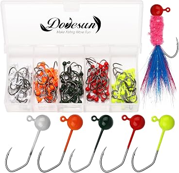 Dovesun 100pcs Fly Tying Jigs Kit, Jig Heads for Fly Fishing 1/124oz 1/80oz 1/64oz 1/32oz 1/16oz Jig Head Small Fly Fishing Hooks DIY Lure Making Kit Suit for Tying Flies | Crappie Lures
