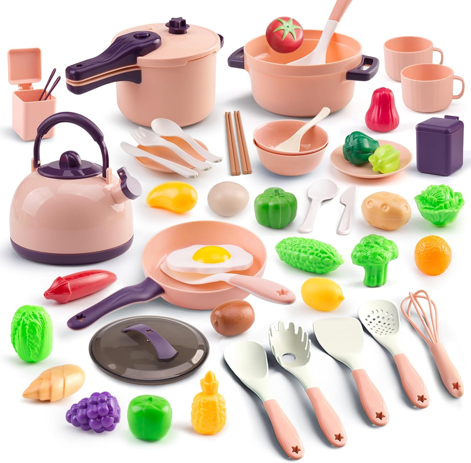 56Pcs Mini Play Kitchen Accessories for Kids, Pretend Cooking Playset with Cookware, Tableware & 2 Fruit Sets, Learning Gift for Girls, Boys, Toddlers, Pink 56 Pcs Pink