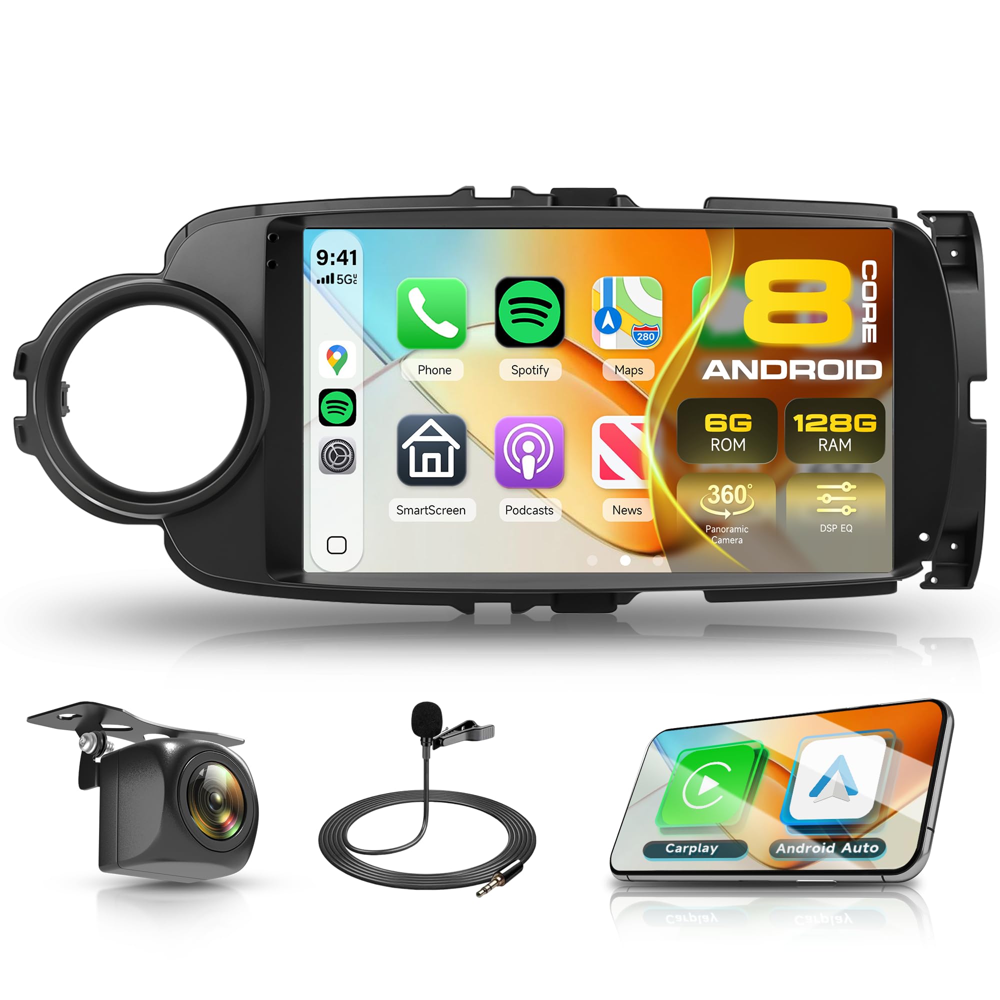 Rimoody 8 Core 6G+128G Android Autoradio per Toyota Yaris 2012-2017 Wireless Carplay Android Auto GPS Navi WiFi 360° Panorama, 9 Pollici Touchscreen Bluetooth FM/RDS/DSP EQ/SWC Telecamera Posteriore